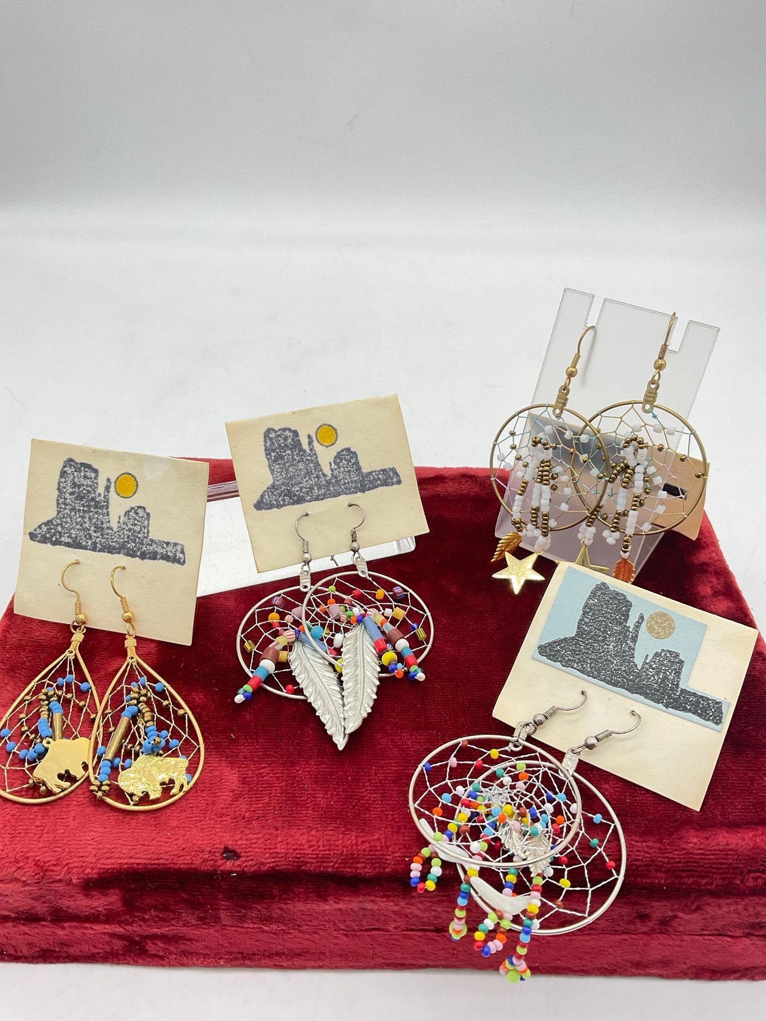 4 sets of Dangle dream Catcher Earrings / most likely Native American Signed By Paula: c-5320 