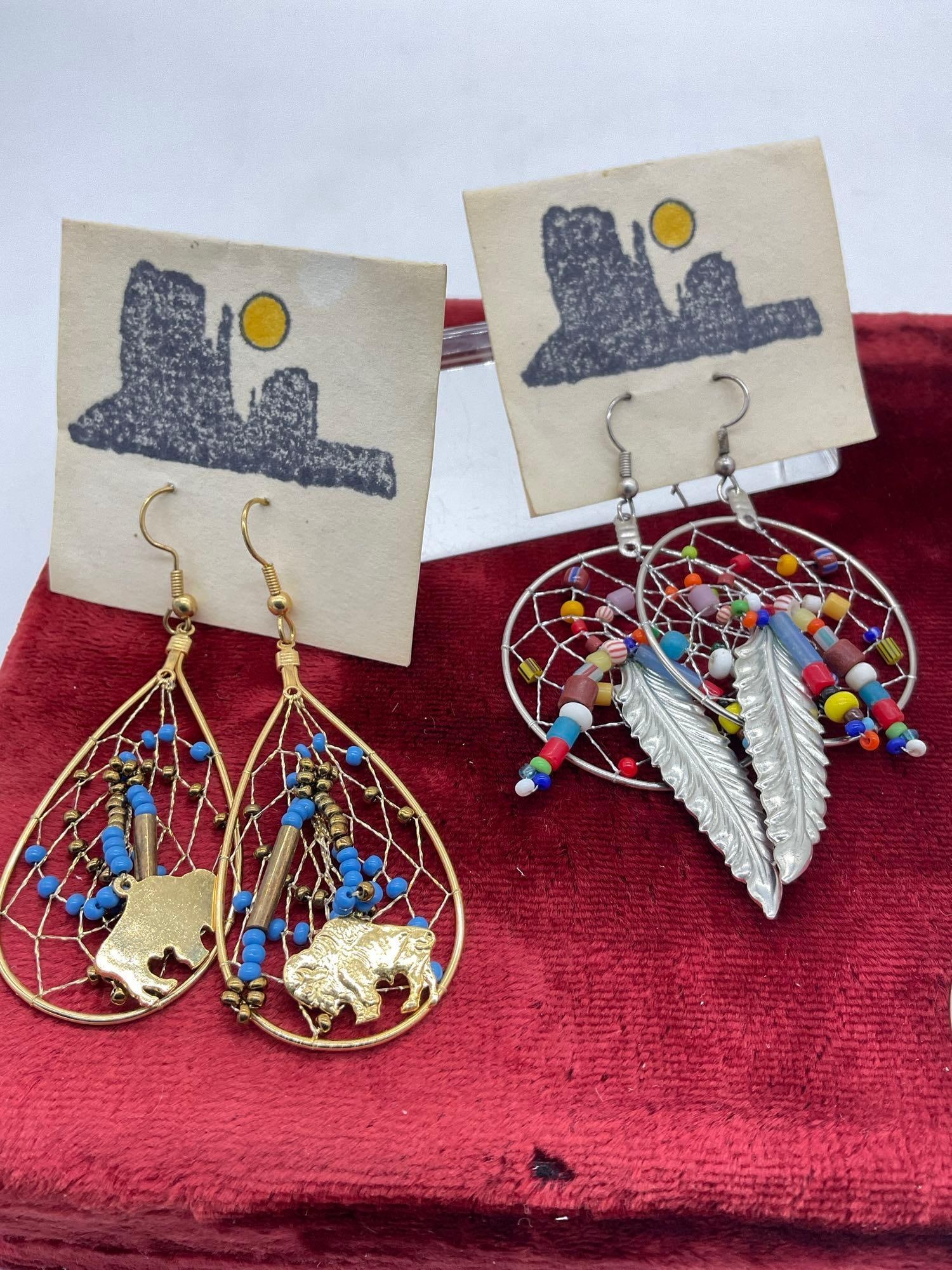4 sets of Dangle dream Catcher Earrings / most likely Native American Signed By Paula - 2