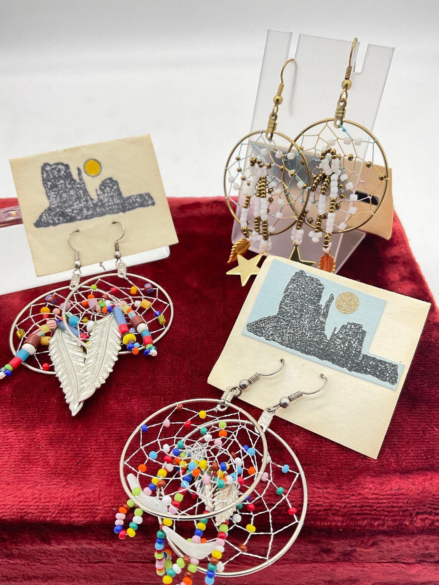 4 sets of Dangle dream Catcher Earrings / most likely Native American Signed By Paula - 3