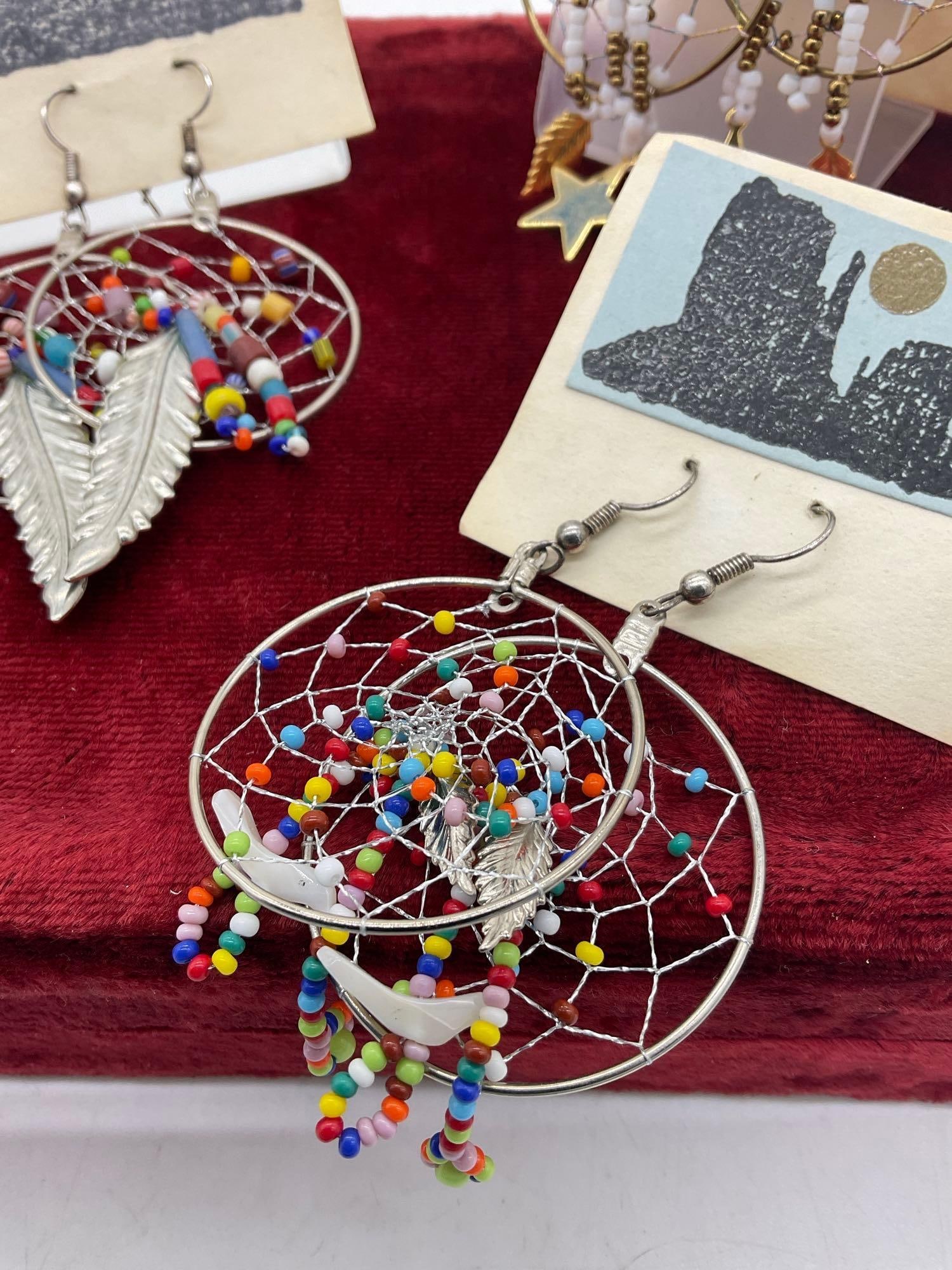 4 sets of Dangle dream Catcher Earrings / most likely Native American Signed By Paula - 4