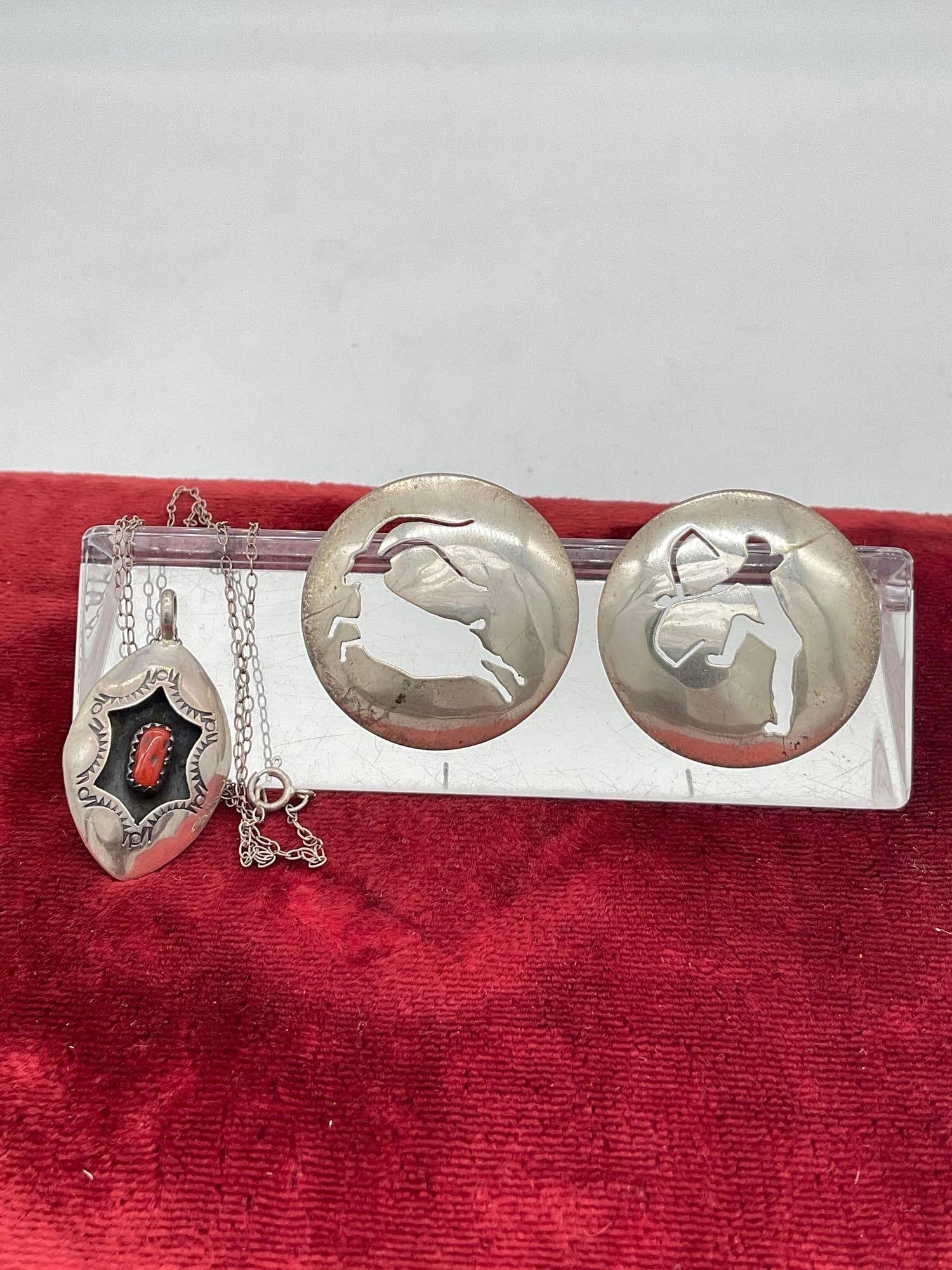 Native American Crafted Sterling Silver Hunter earrings & Sterling Necklace & pendant w/ Coral St... (1 of 4)