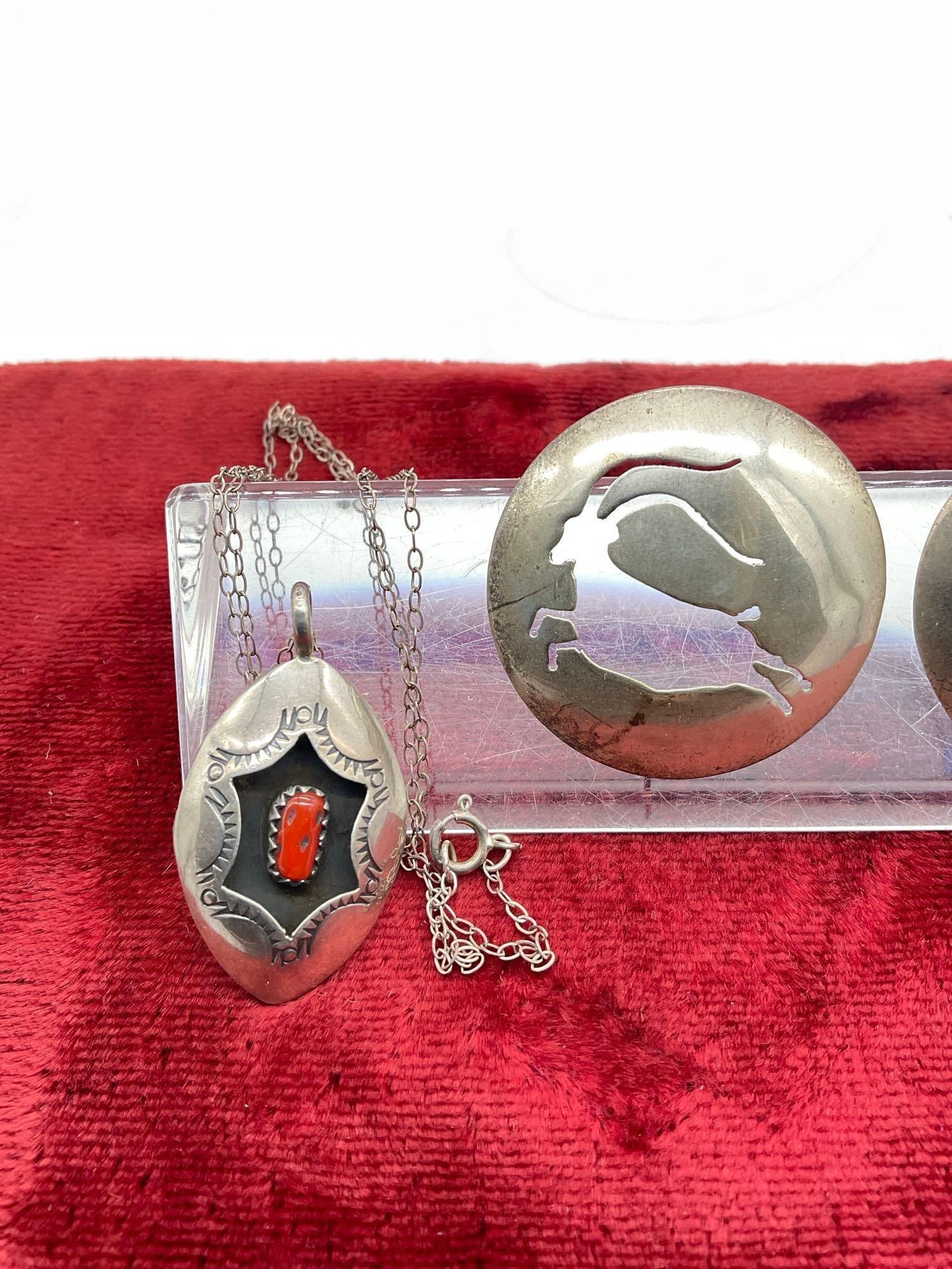 Native American Crafted Sterling Silver Hunter earrings & Sterling Necklace & pendant w/ Coral St... - 2