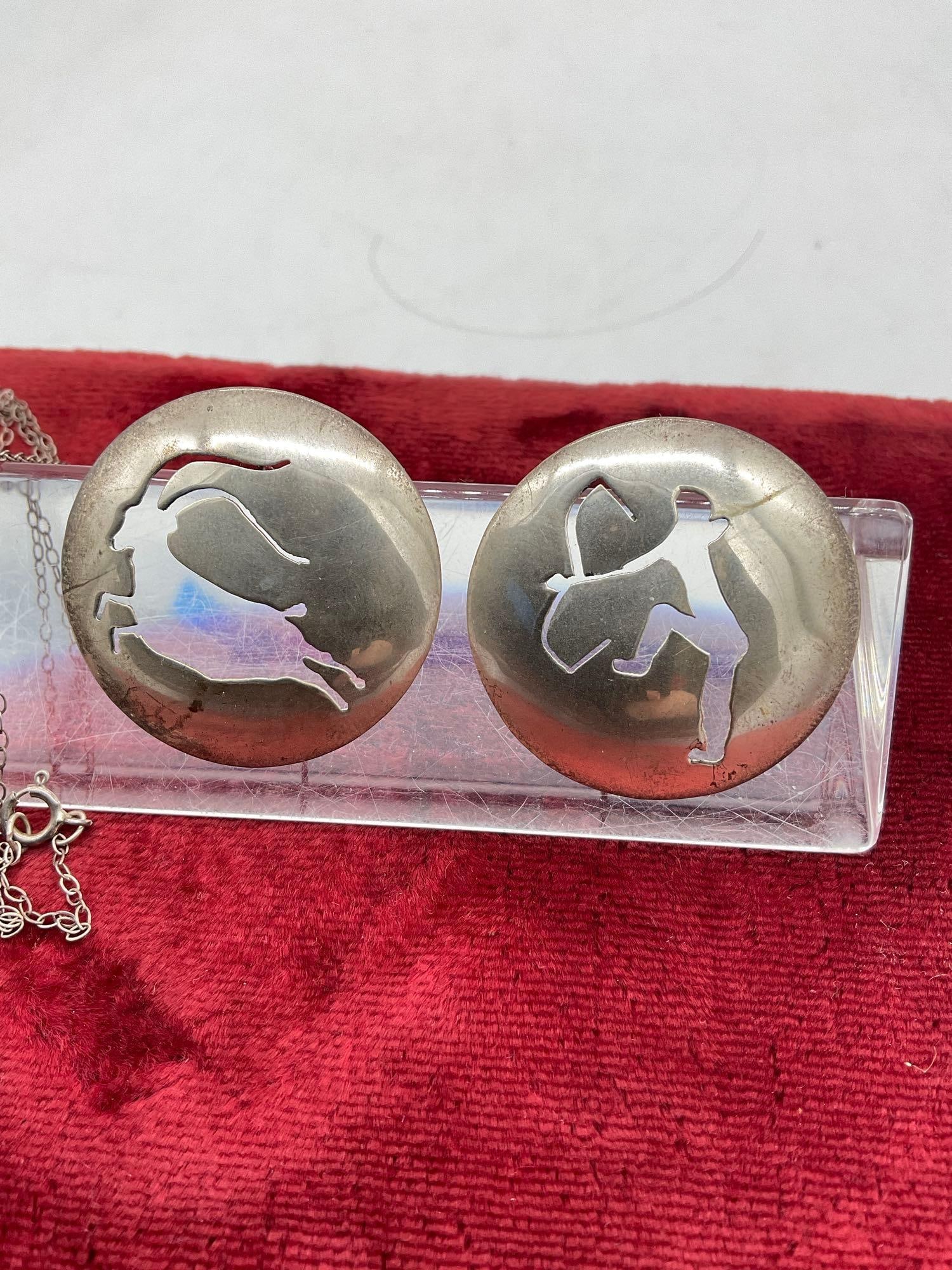 Native American Crafted Sterling Silver Hunter earrings & Sterling Necklace & pendant w/ Coral St... - 3