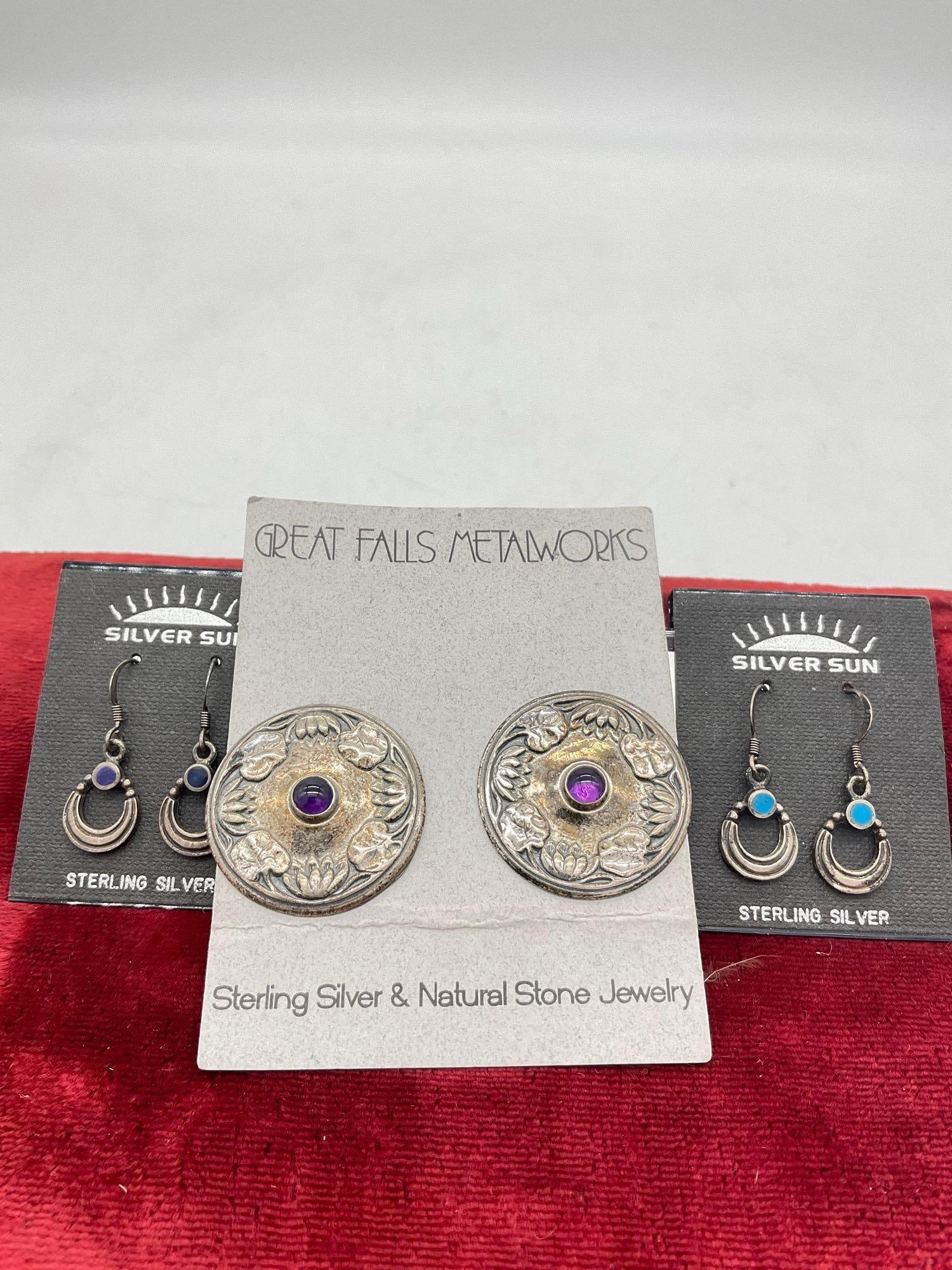 2x sets of sterling silver earrings By Native American Indigenous women from Silver Sun + Bonu Set: c-5320 Bonus set is round disc Set of sterling earring w/ amethyst setting from Great Falls Metal works New Jersey Based company founded in 1968 know for Bespoke and environmentally