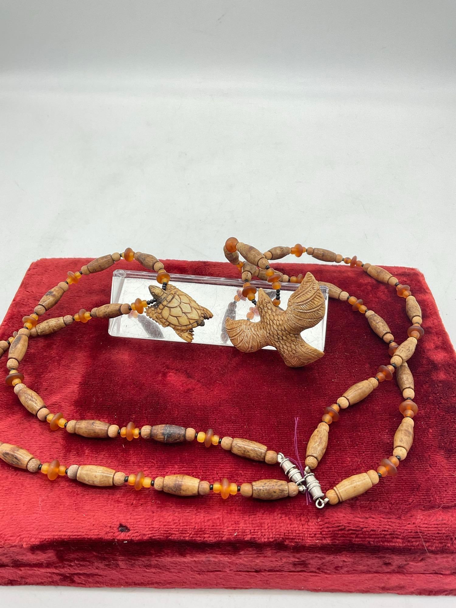 2x vintage Native Hand carved Elk or deer bone Hair pipe Necklace w/ carved Eagle & Turtle Pendants: c-5320 each has a tag purchased for 110.00 each 20" necklaces 
