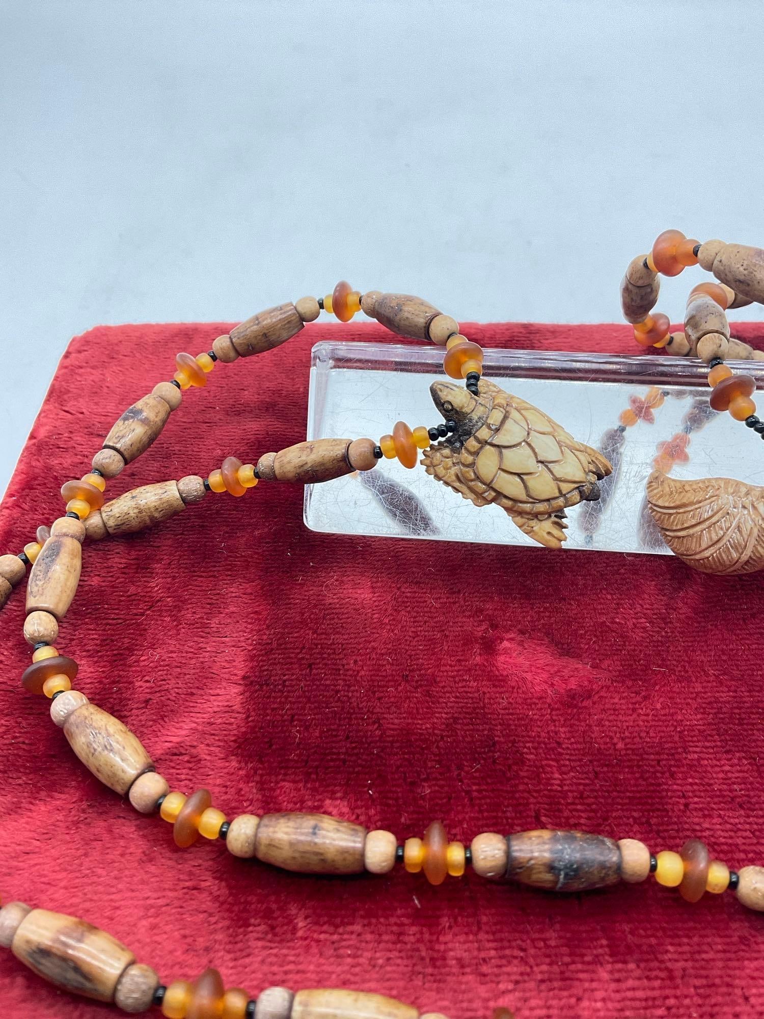 2x vintage Native Hand carved Elk or deer bone Hair pipe Necklace w/ carved Eagle & Turtle Pendants - 2