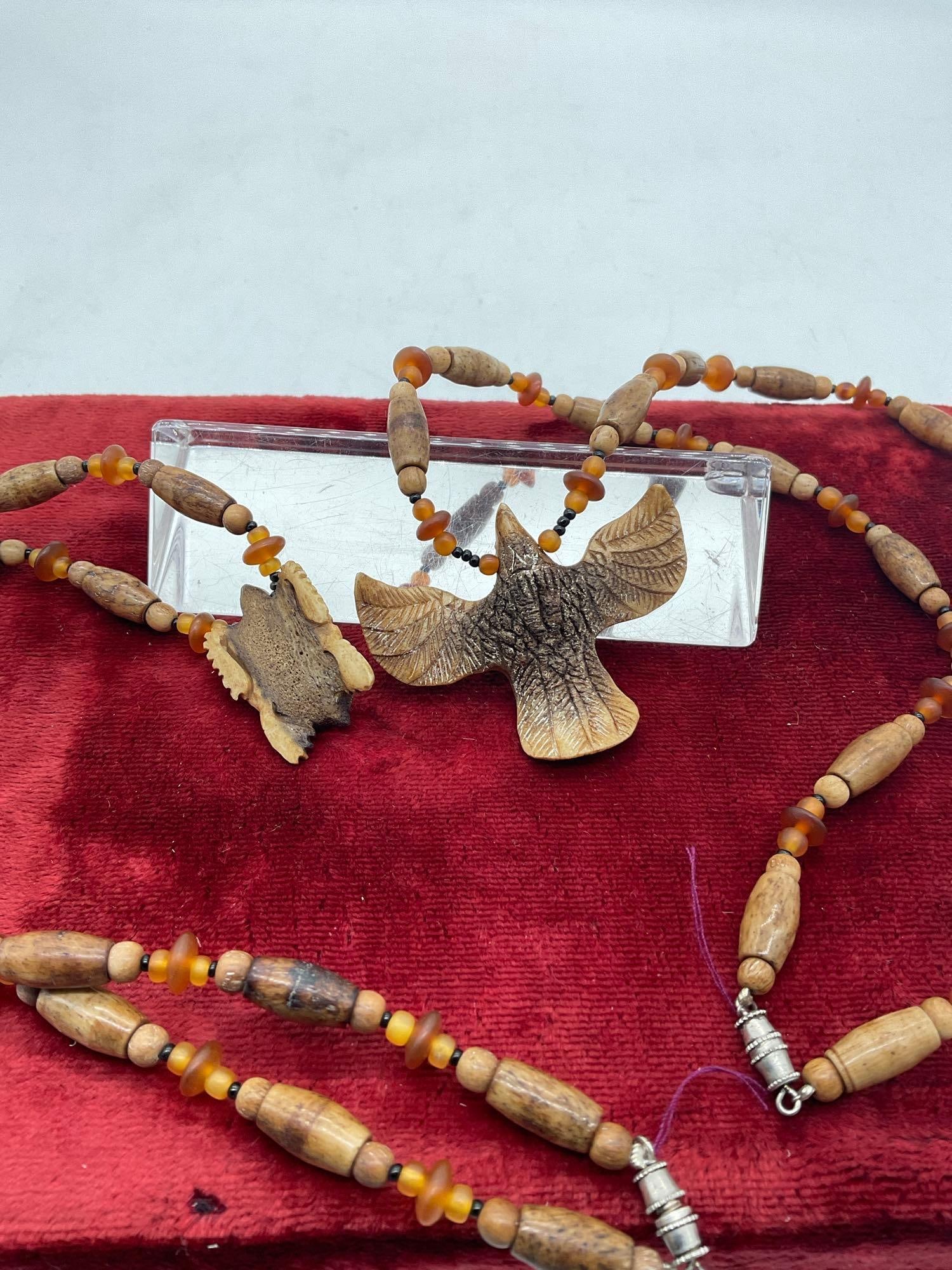 2x vintage Native Hand carved Elk or deer bone Hair pipe Necklace w/ carved Eagle & Turtle Pendants - 4