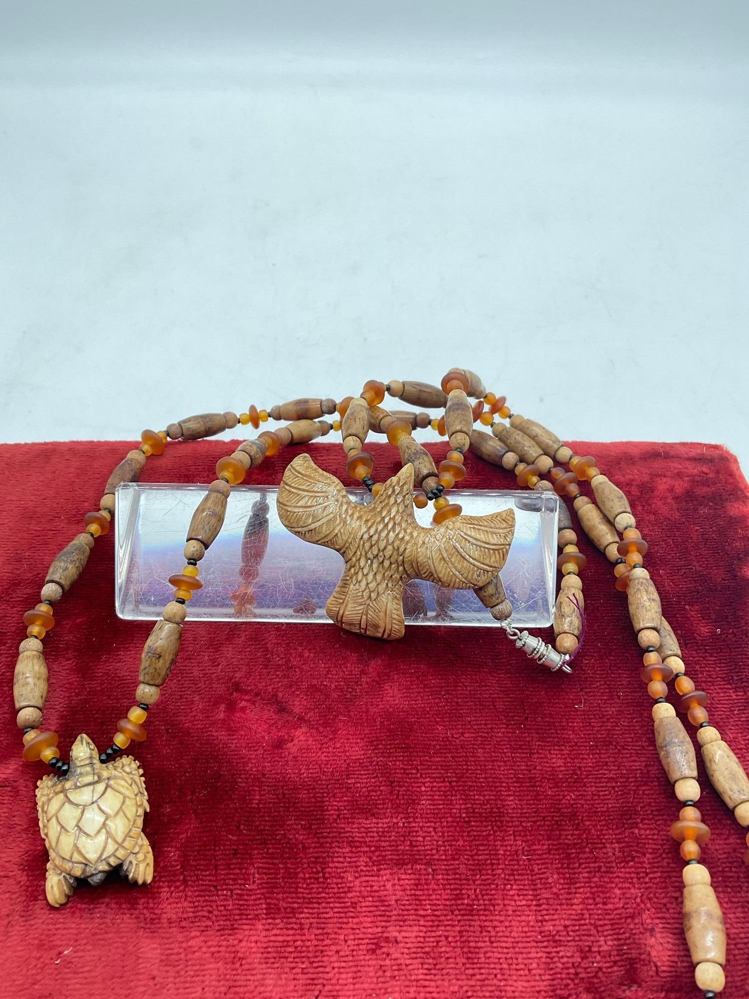 2x vintage Native Hand carved Elk or deer bone Hair pipe Necklace w/ carved Eagle & Turtle Pendants - 5