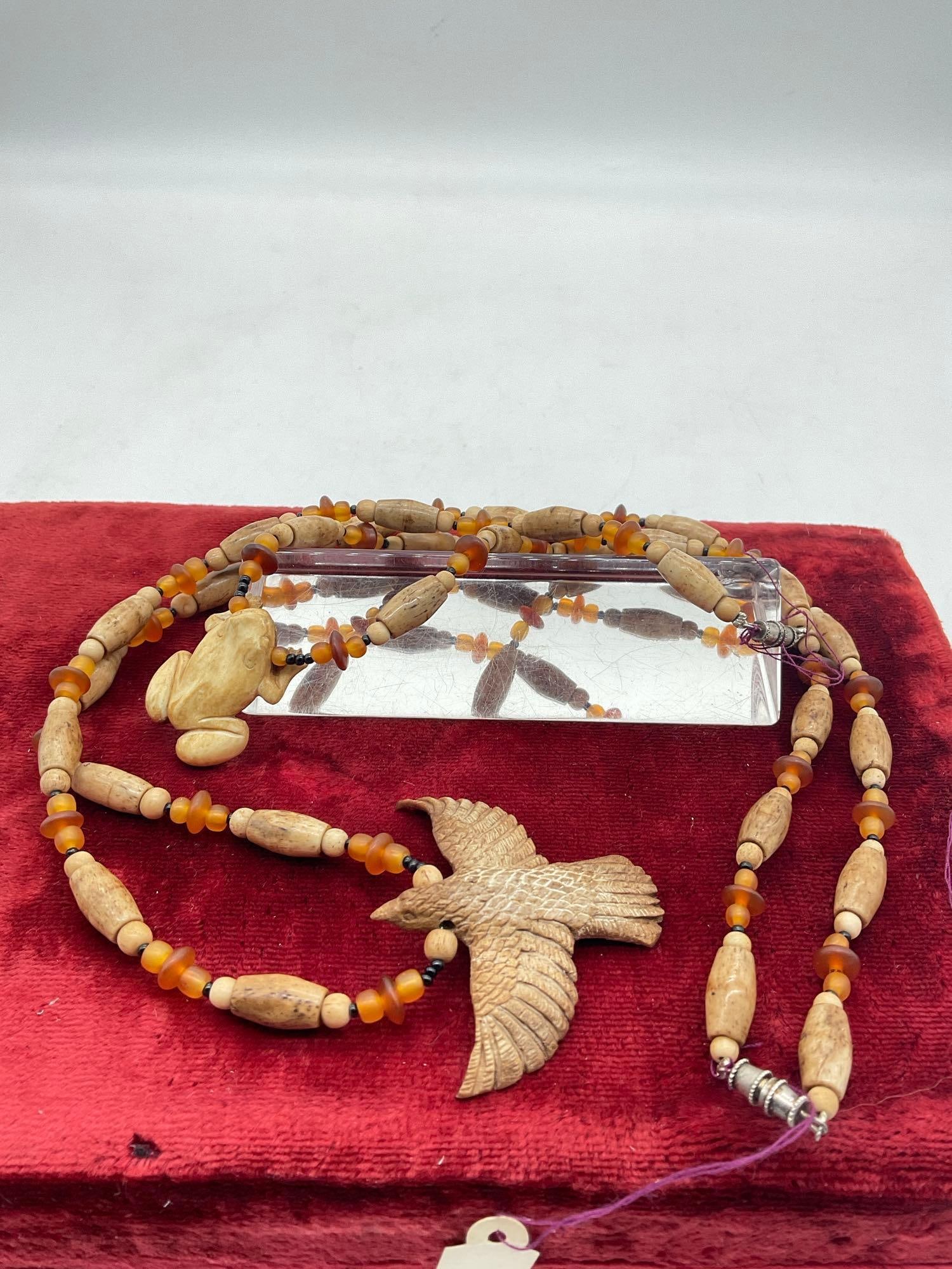 2x vintage Native Hand carved Elk or deer bone Hair pipe Necklace w/ carved Eagle & frog Pendants (1 of 4)
