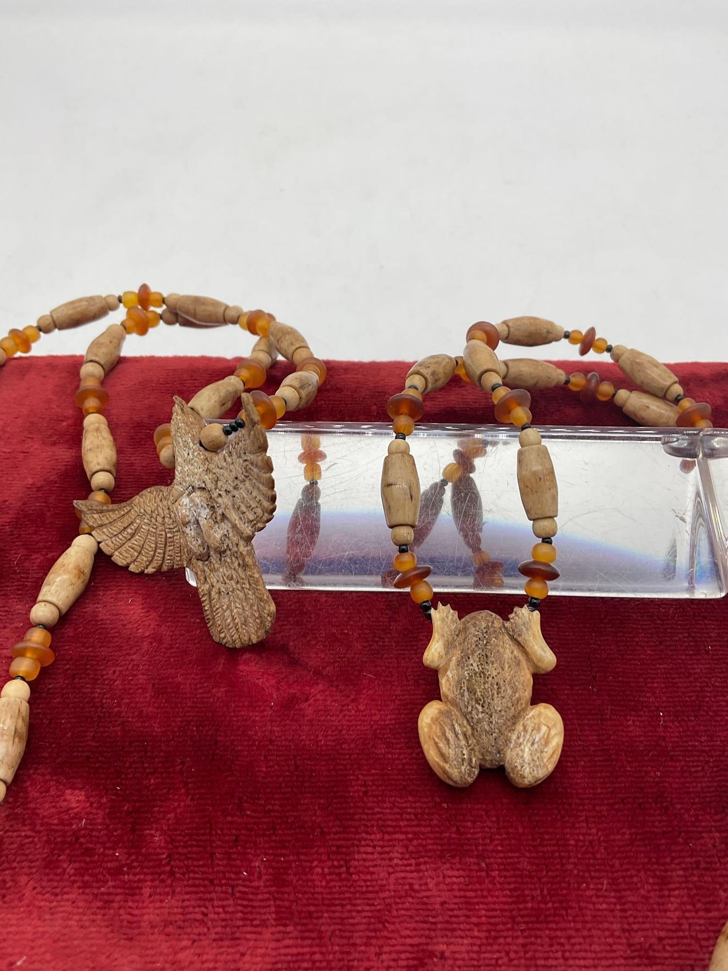 2x vintage Native Hand carved Elk or deer bone Hair pipe Necklace w/ carved Eagle & frog Pendants - 3