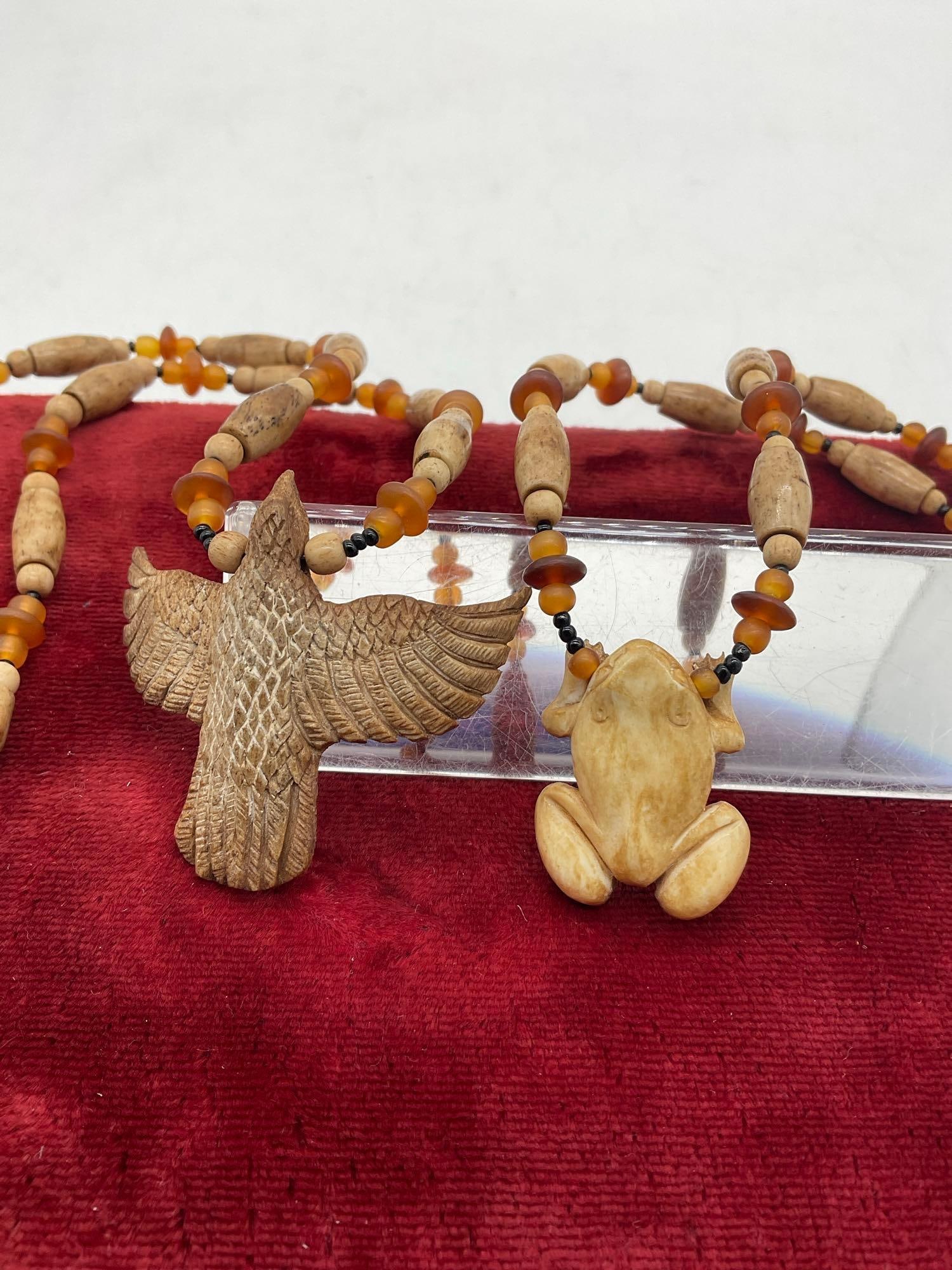 2x vintage Native Hand carved Elk or deer bone Hair pipe Necklace w/ carved Eagle & frog Pendants - 4