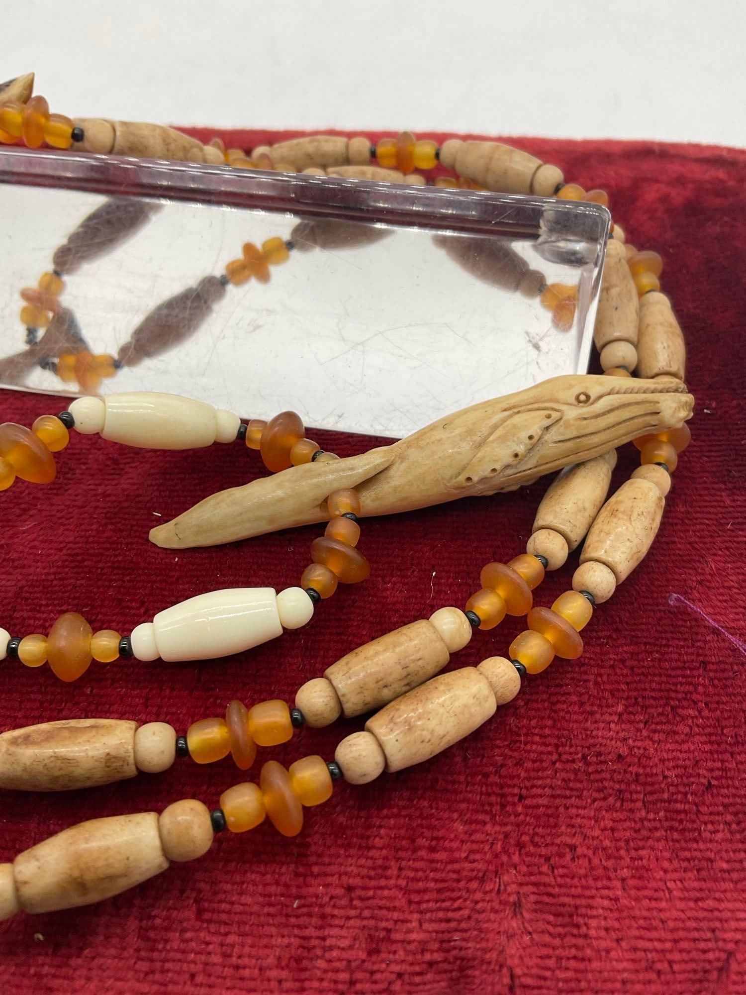 2x vintage Native Hand carved Hair pipe Necklace w/deer or elk teeth carved Whale & dolphin penda... - 2