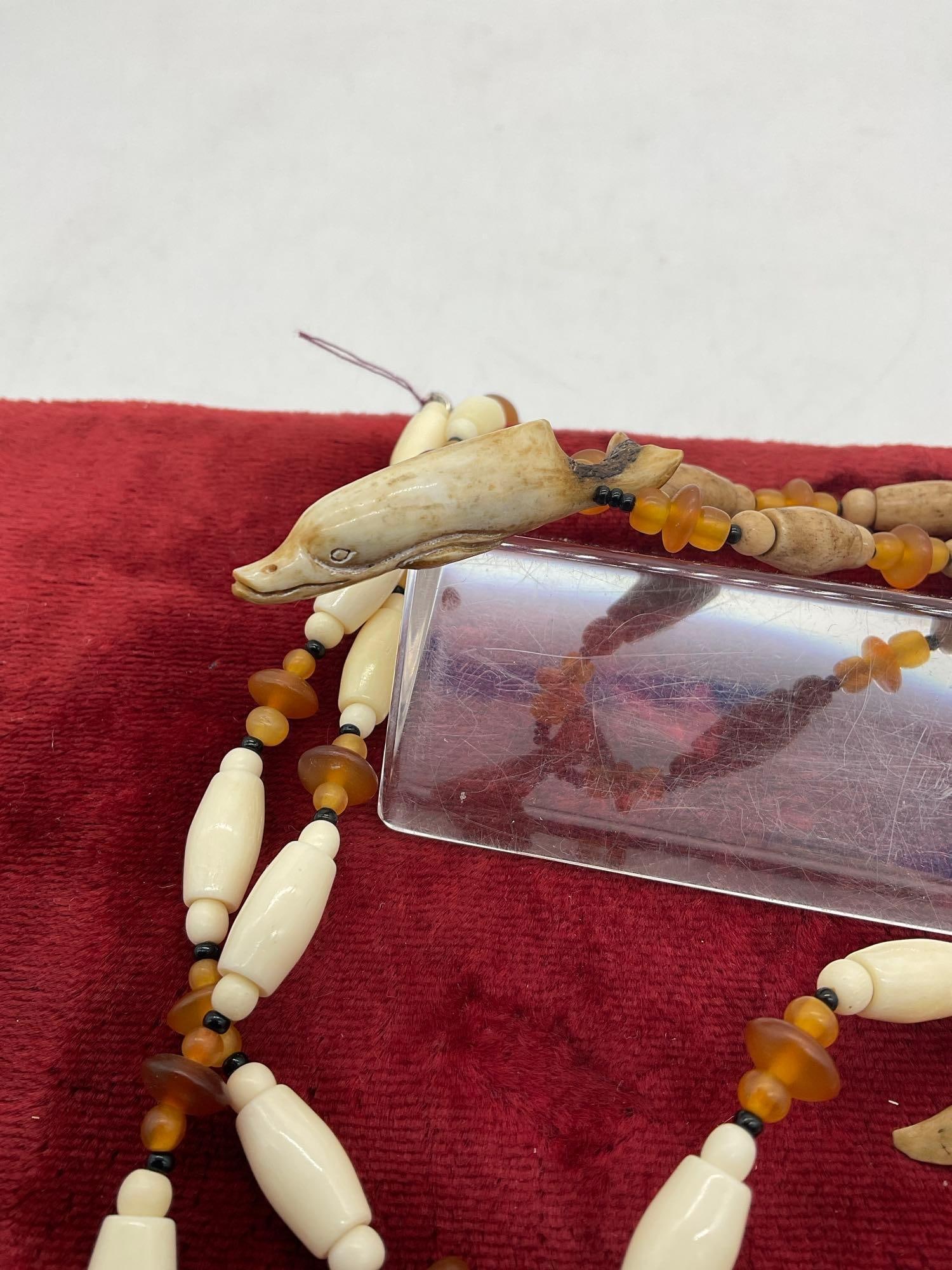 2x vintage Native Hand carved Hair pipe Necklace w/deer or elk teeth carved Whale & dolphin penda... - 3