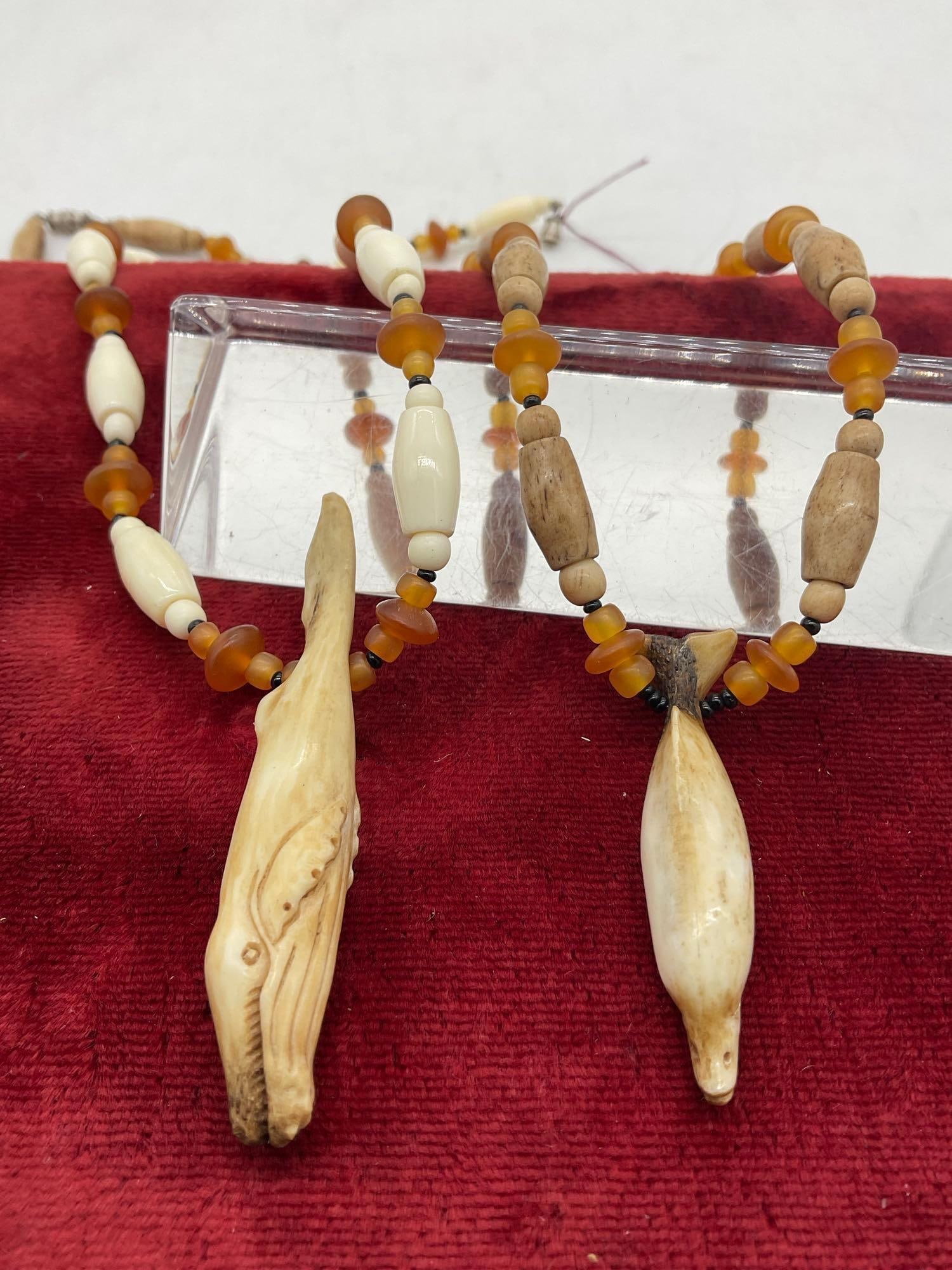 2x vintage Native Hand carved Hair pipe Necklace w/deer or elk teeth carved Whale & dolphin penda... - 4