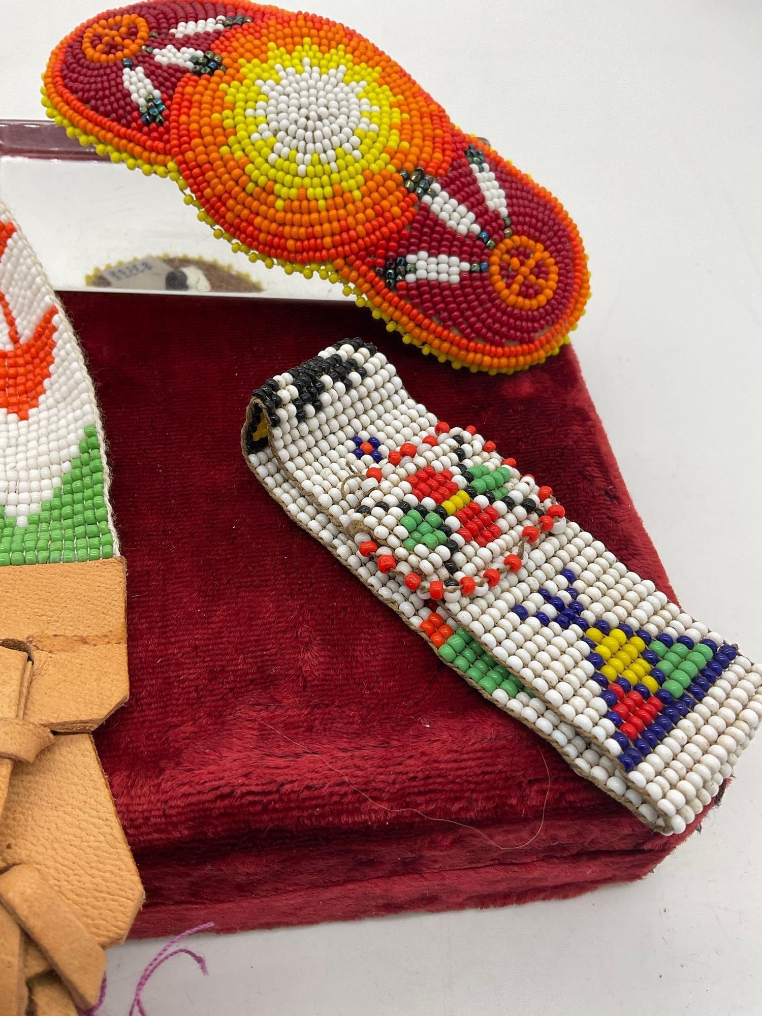 Native American Hand beaded necklaces, bracelet, Medicine Pouch and beret hair piece - 3