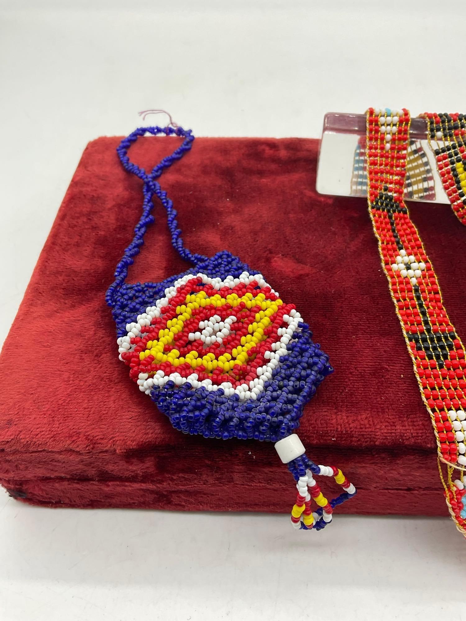 Native American Hand beaded necklaces, bracelet, Medicine Pouch and beret hair piece - 8