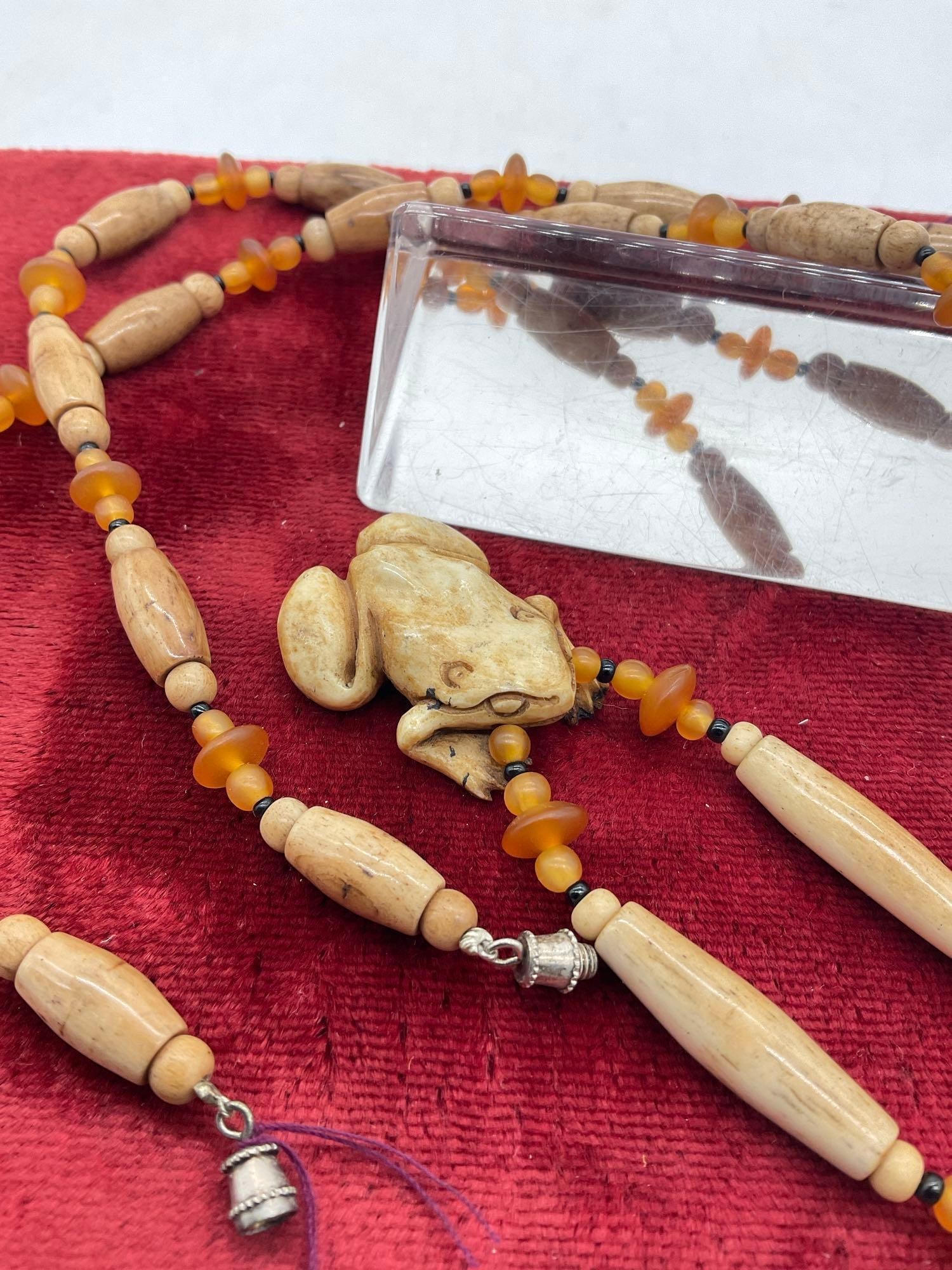 2x vintage Native Hand carved Elk or deer bone Hair pipe Necklace w/ carved Turtle & frog Pendants - 2