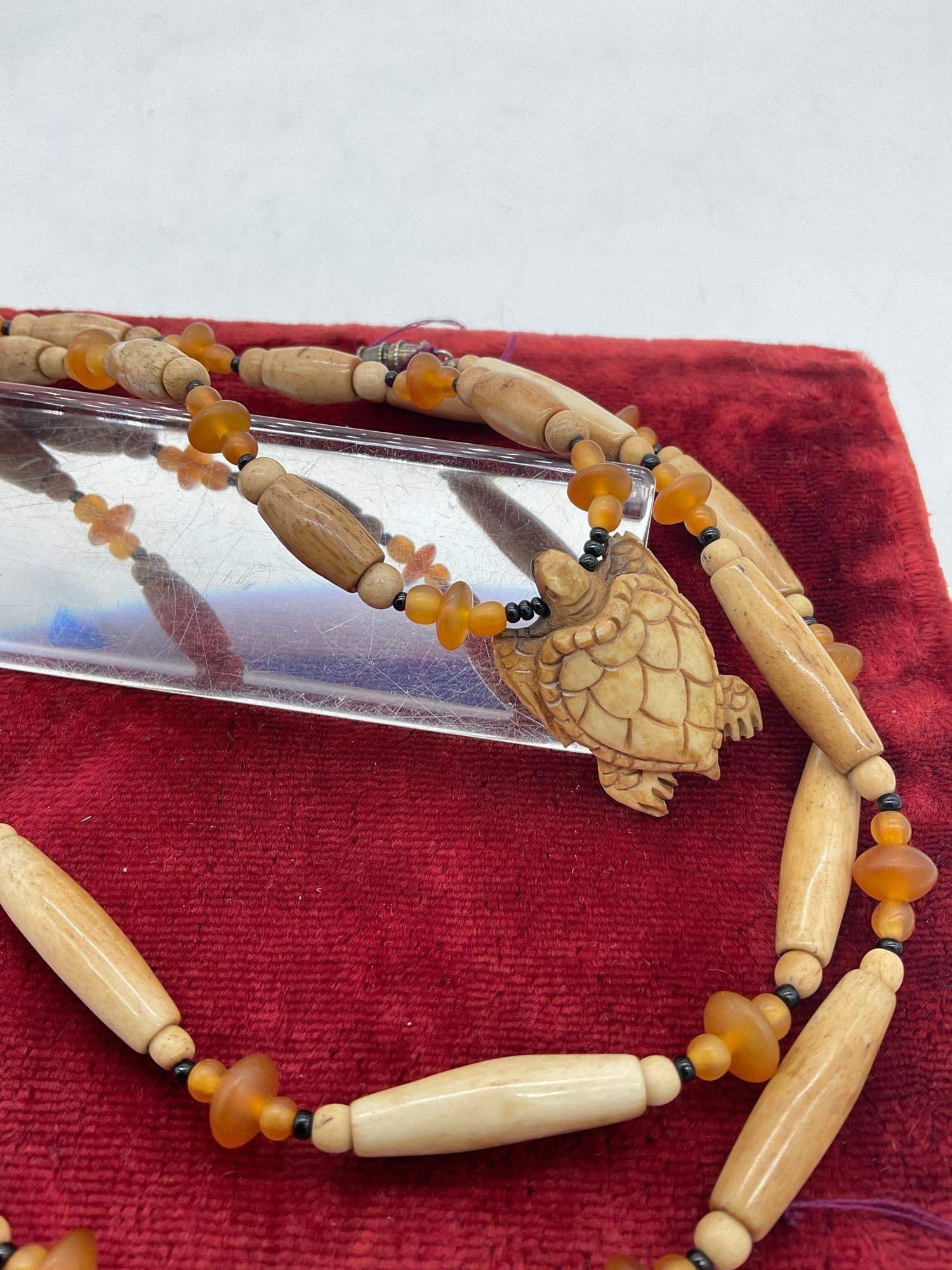 2x vintage Native Hand carved Elk or deer bone Hair pipe Necklace w/ carved Turtle & frog Pendants - 3