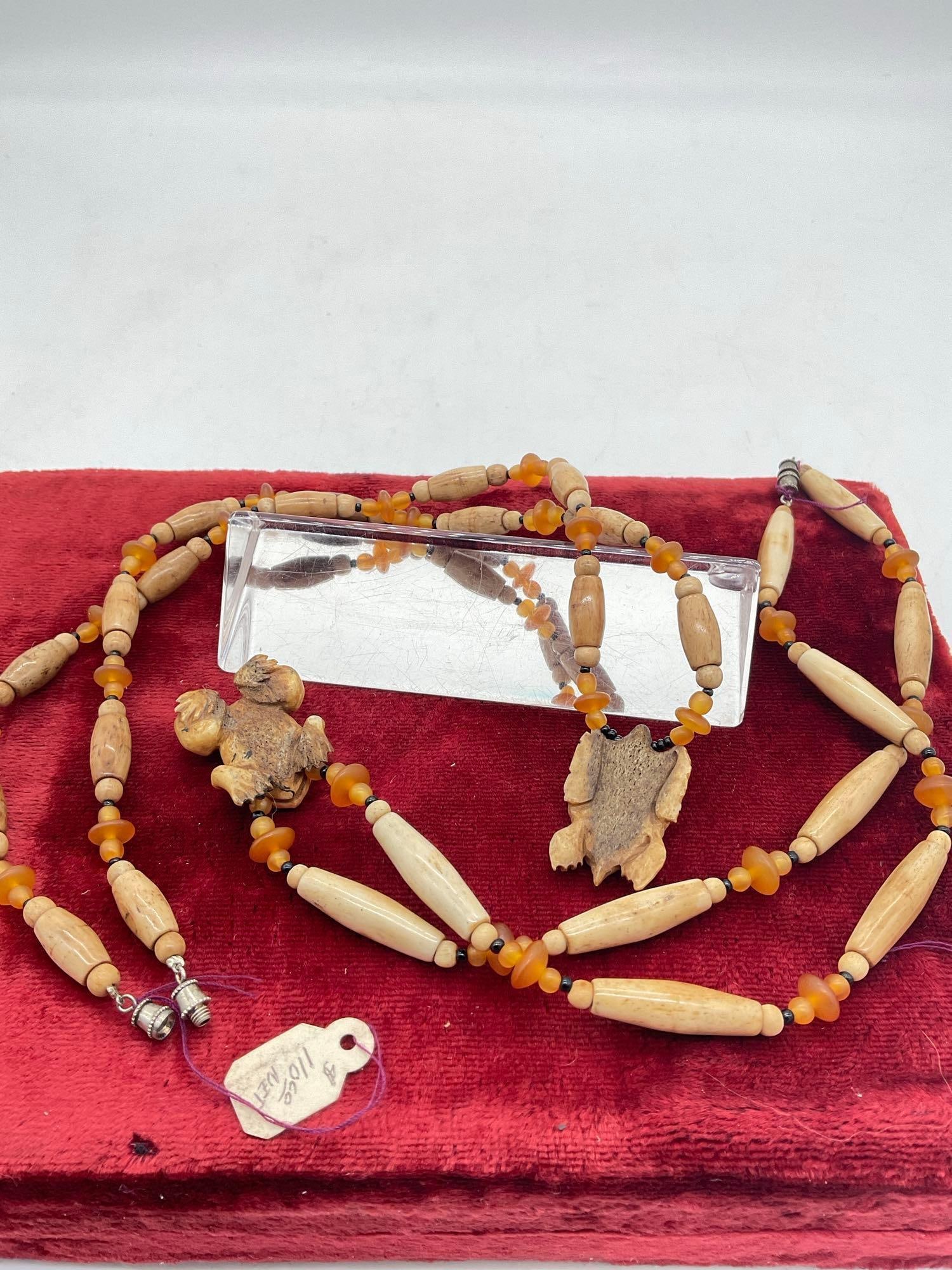 2x vintage Native Hand carved Elk or deer bone Hair pipe Necklace w/ carved Turtle & frog Pendants - 4