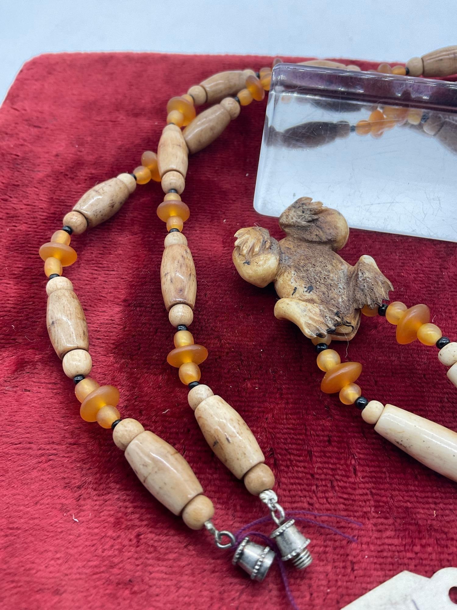 2x vintage Native Hand carved Elk or deer bone Hair pipe Necklace w/ carved Turtle & frog Pendants - 5