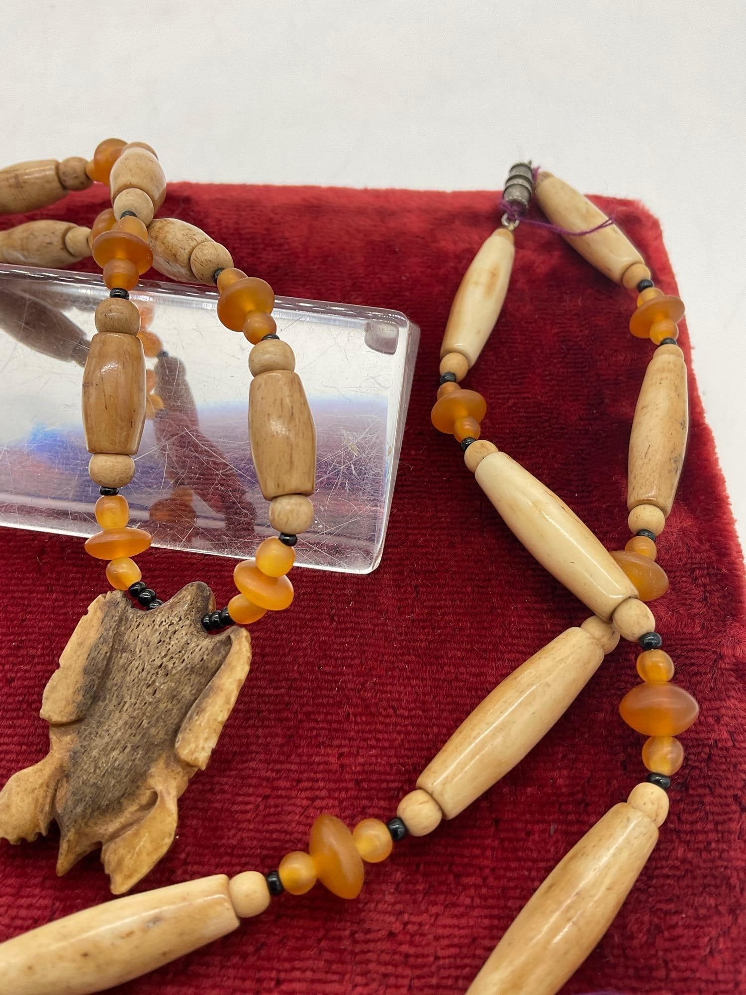 2x vintage Native Hand carved Elk or deer bone Hair pipe Necklace w/ carved Turtle & frog Pendants - 6