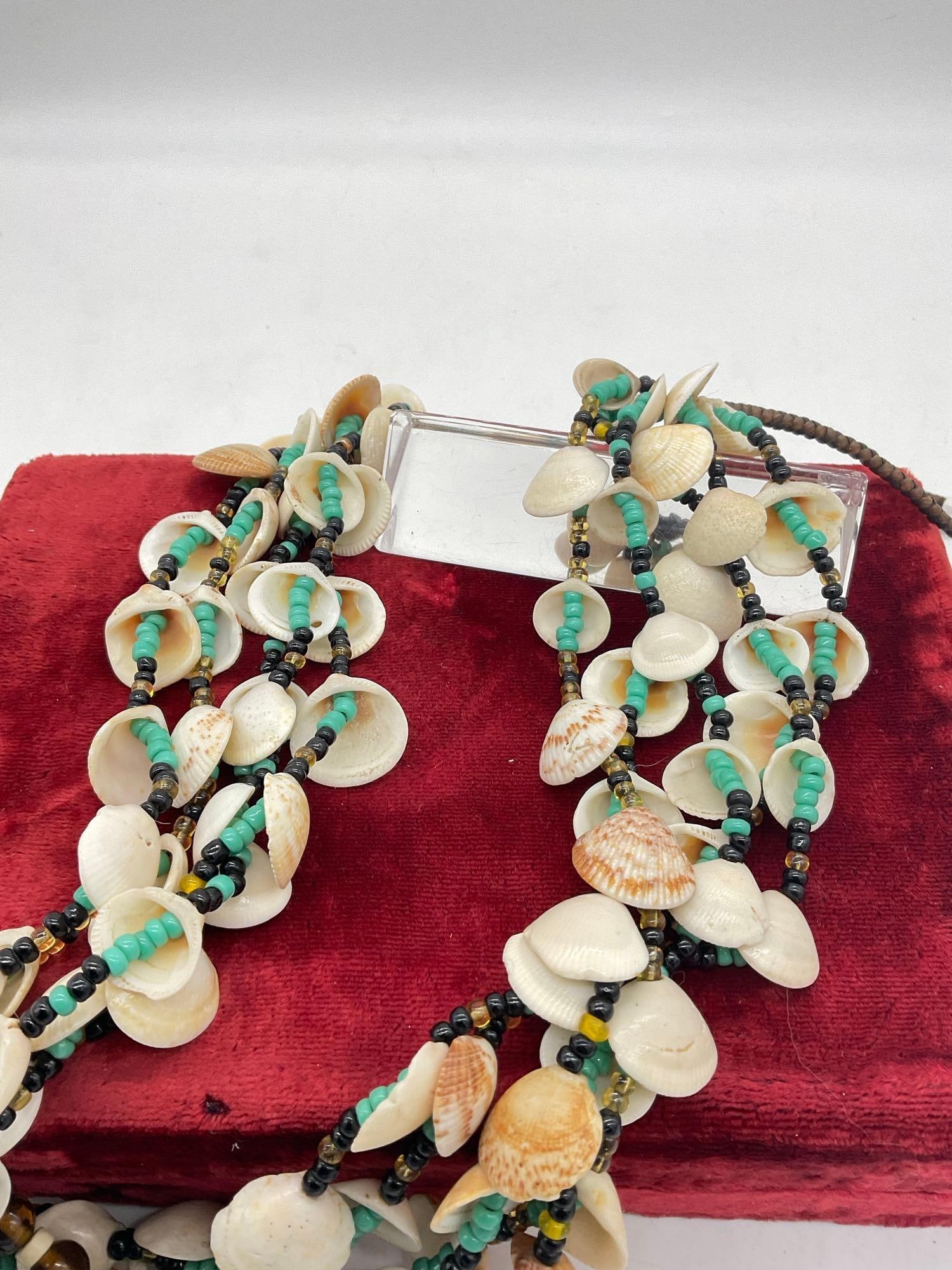 Large Multi Strand Native American turquoise & clam shell beaded necklace w/ hand knotted leather - 2