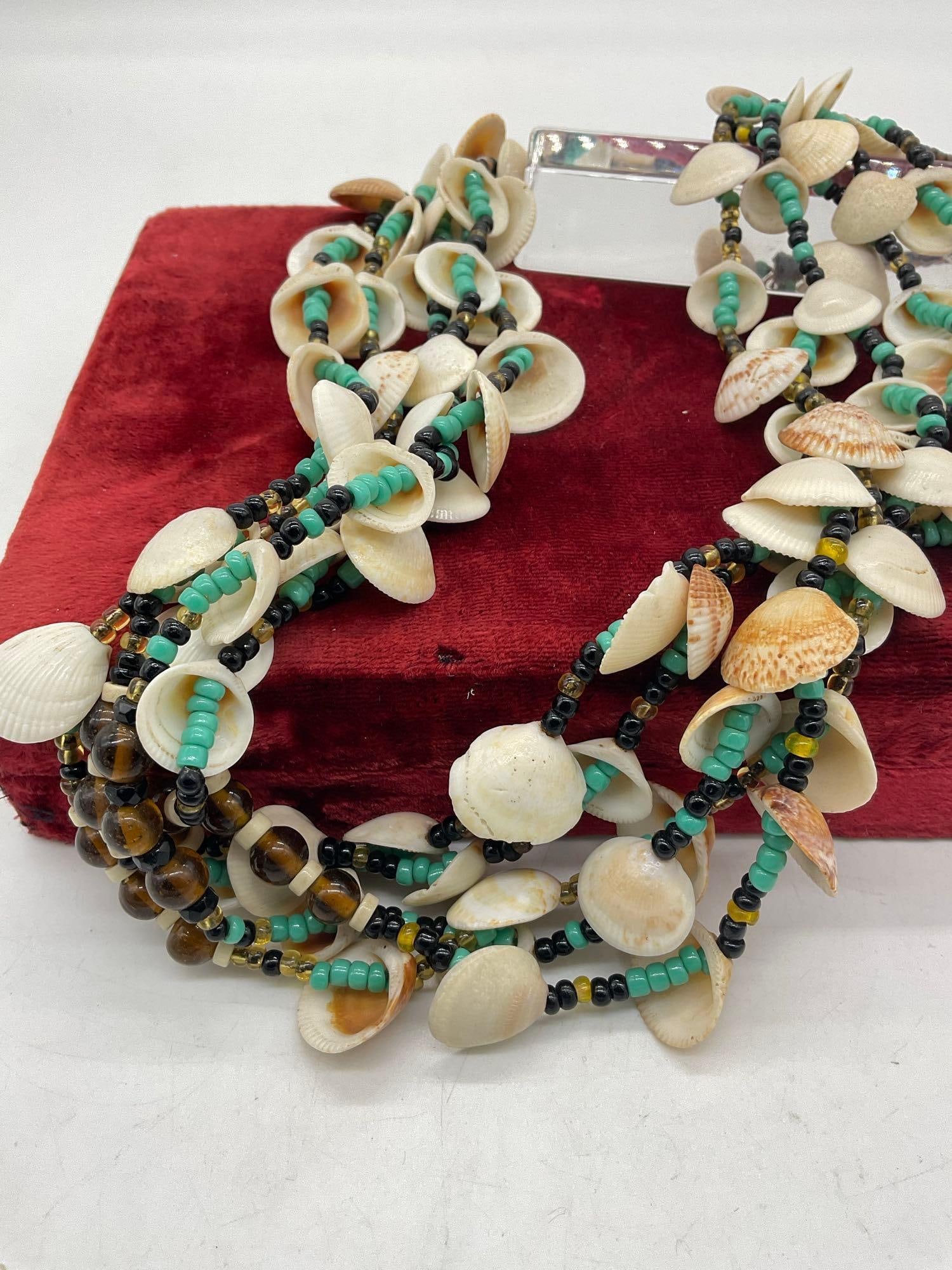 Large Multi Strand Native American turquoise & clam shell beaded necklace w/ hand knotted leather - 3