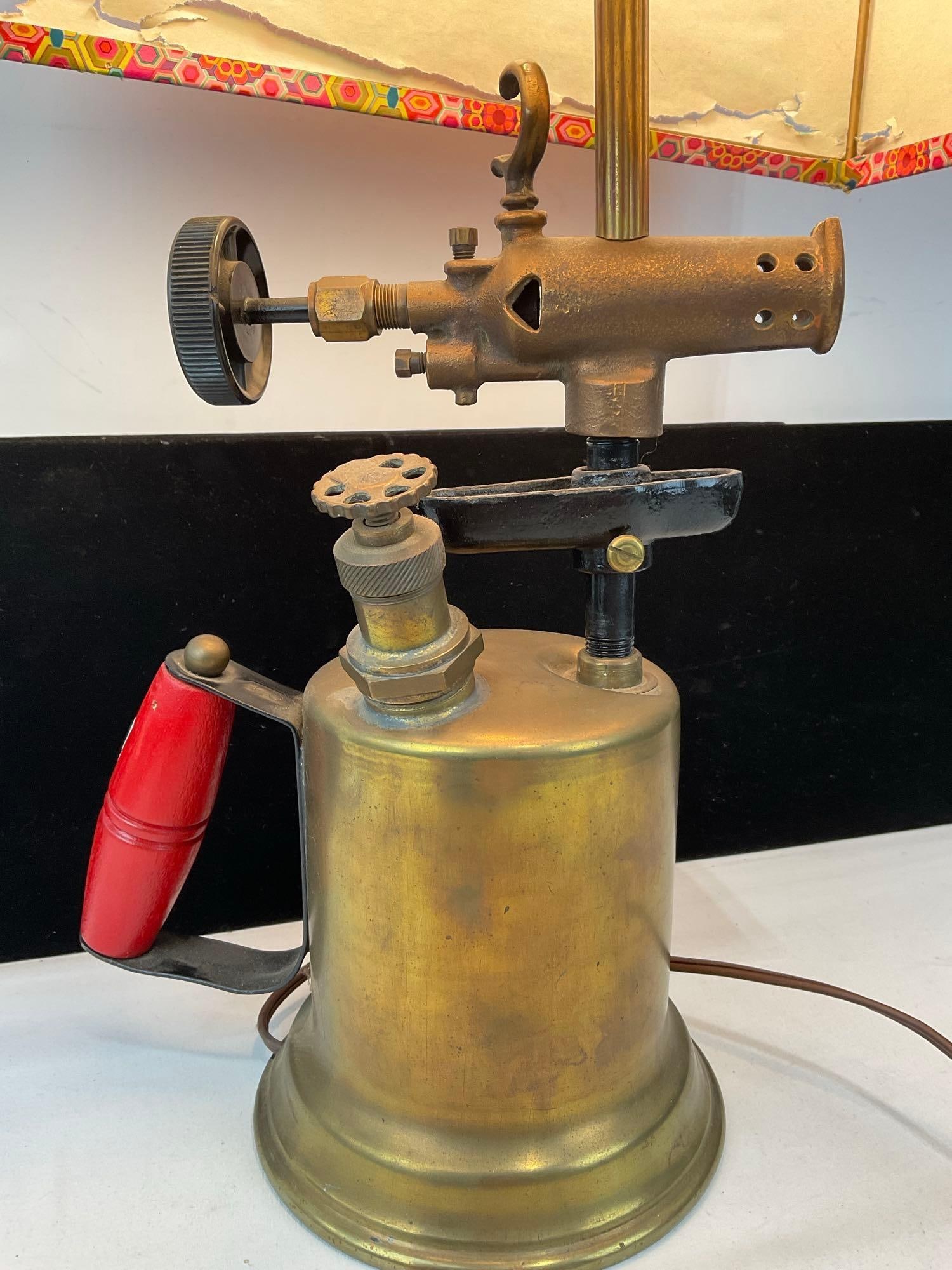 Antique Brass Torch by Otto Bernz Co Turned into Lamp, colorful shade, with a rip, 23h x 12w x 9d... - 2