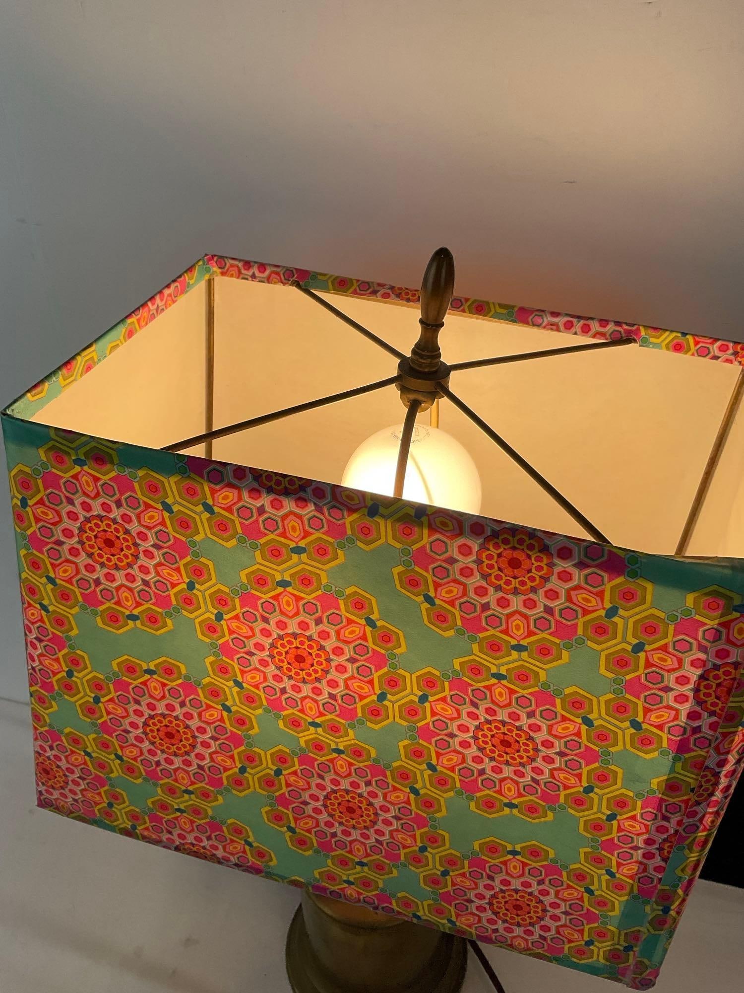 Antique Brass Torch by Otto Bernz Co Turned into Lamp, colorful shade, with a rip, 23h x 12w x 9d... - 4