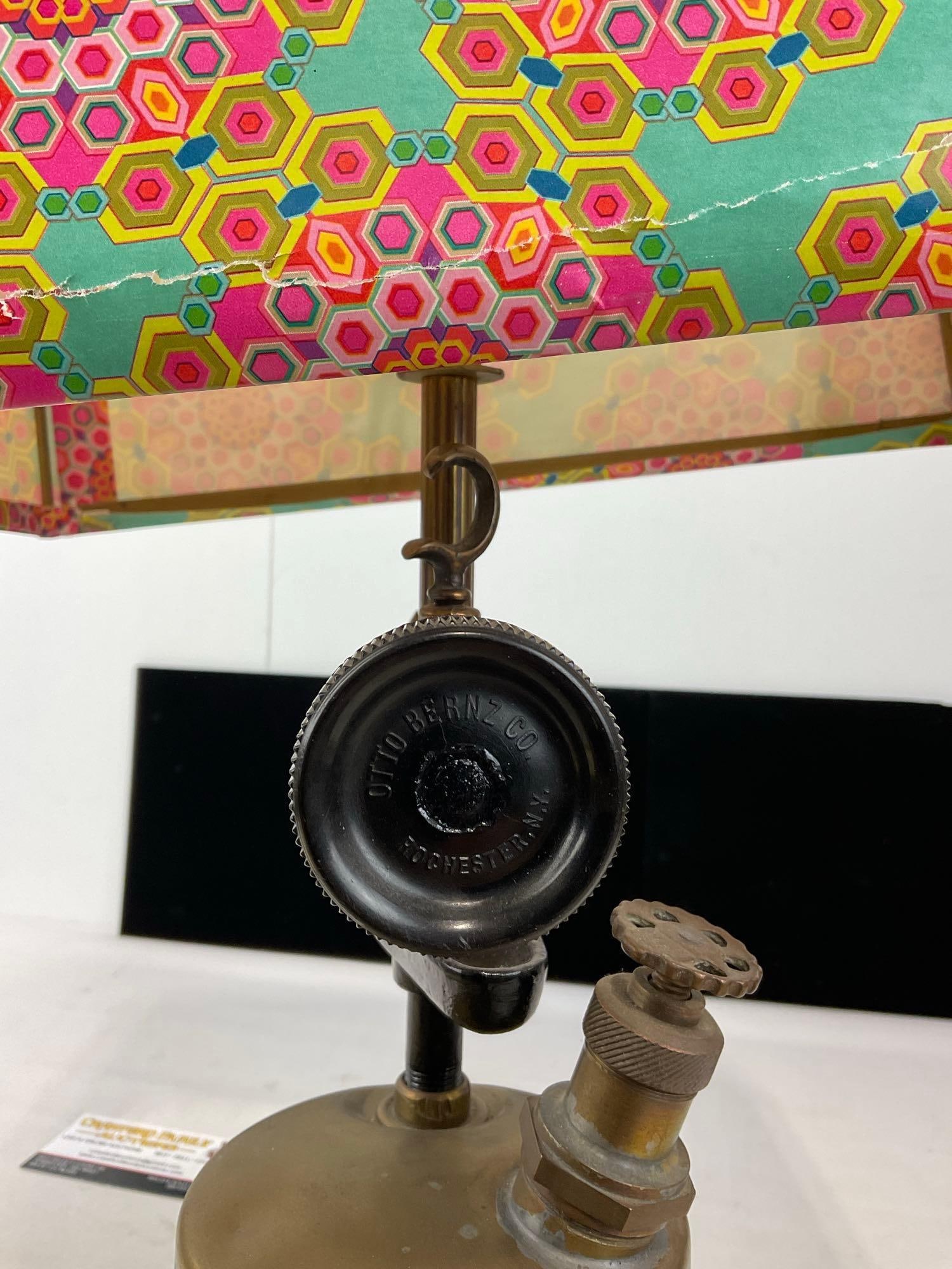 Antique Brass Torch by Otto Bernz Co Turned into Lamp, colorful shade, with a rip, 23h x 12w x 9d... - 5