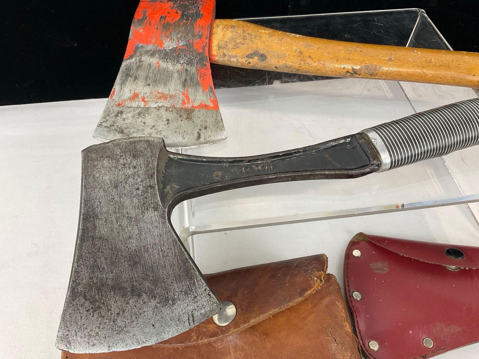 Painted Orange Hatchet w/ Wooden Handle & Western Knives Hatchet w/ Metal Handle, w/ Sheaths - 2