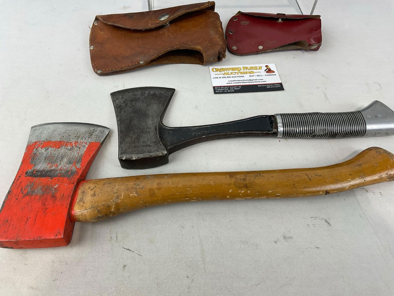 Painted Orange Hatchet w/ Wooden Handle & Western Knives Hatchet w/ Metal Handle, w/ Sheaths - 4