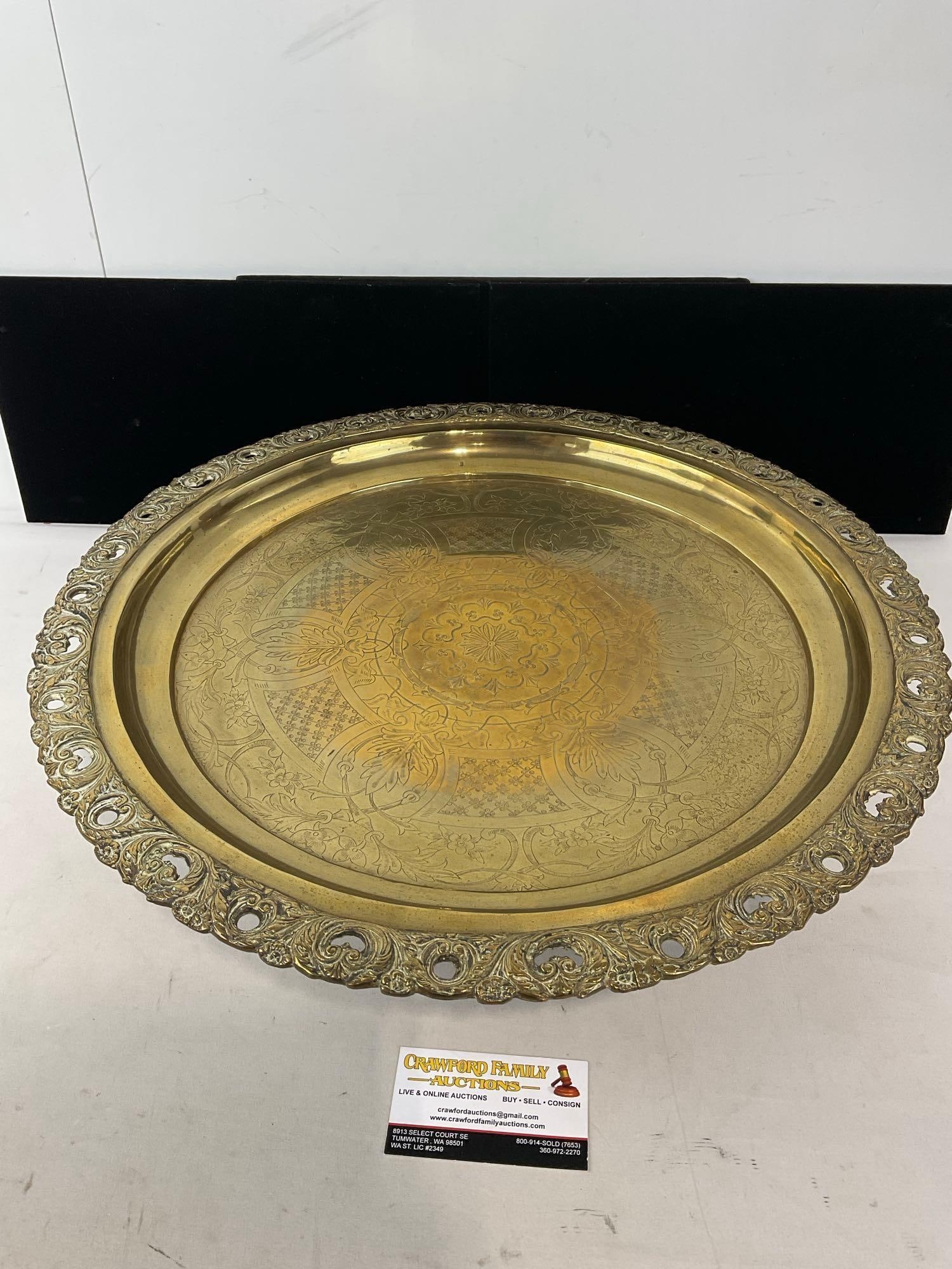 Vintage Cast Engraved Footed Brass Tray, 4h x 20w x 20d inches (1 of 4)