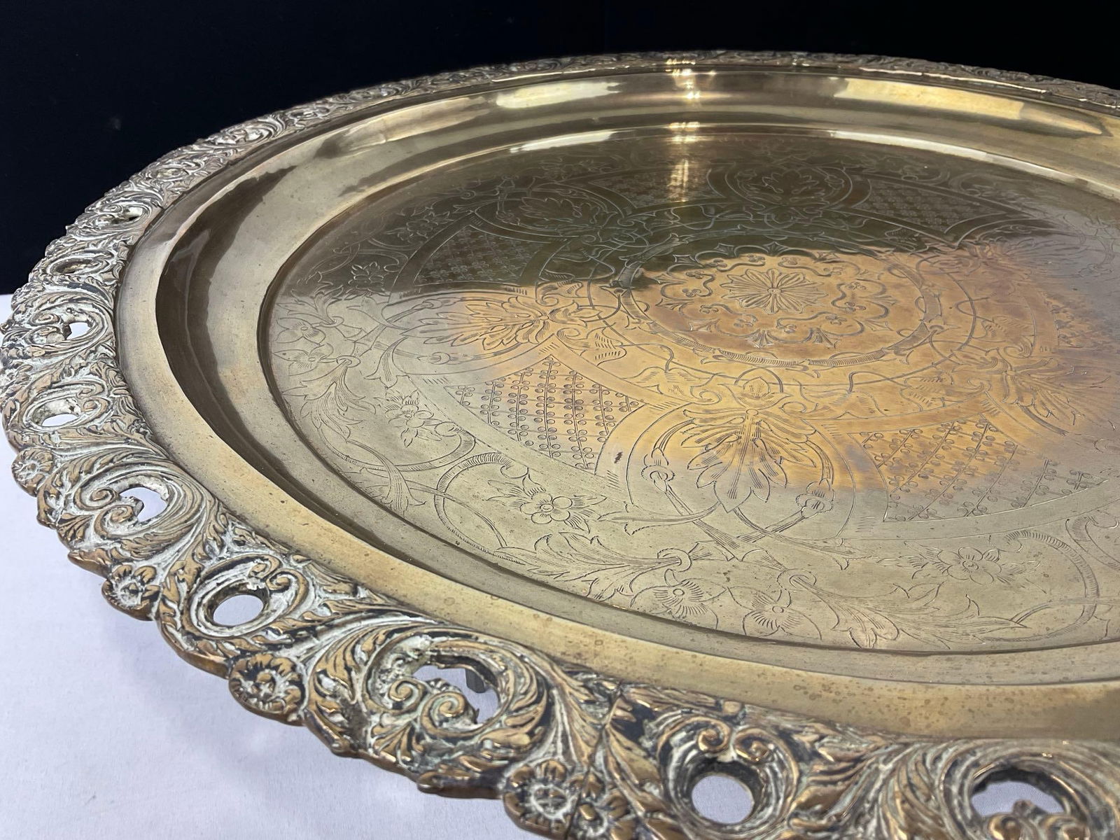 Vintage Cast Engraved Footed Brass Tray, 4h x 20w x 20d inches - 2