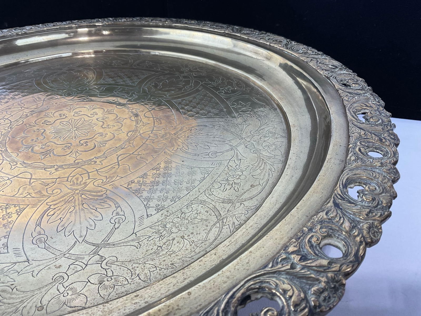 Vintage Cast Engraved Footed Brass Tray, 4h x 20w x 20d inches - 3
