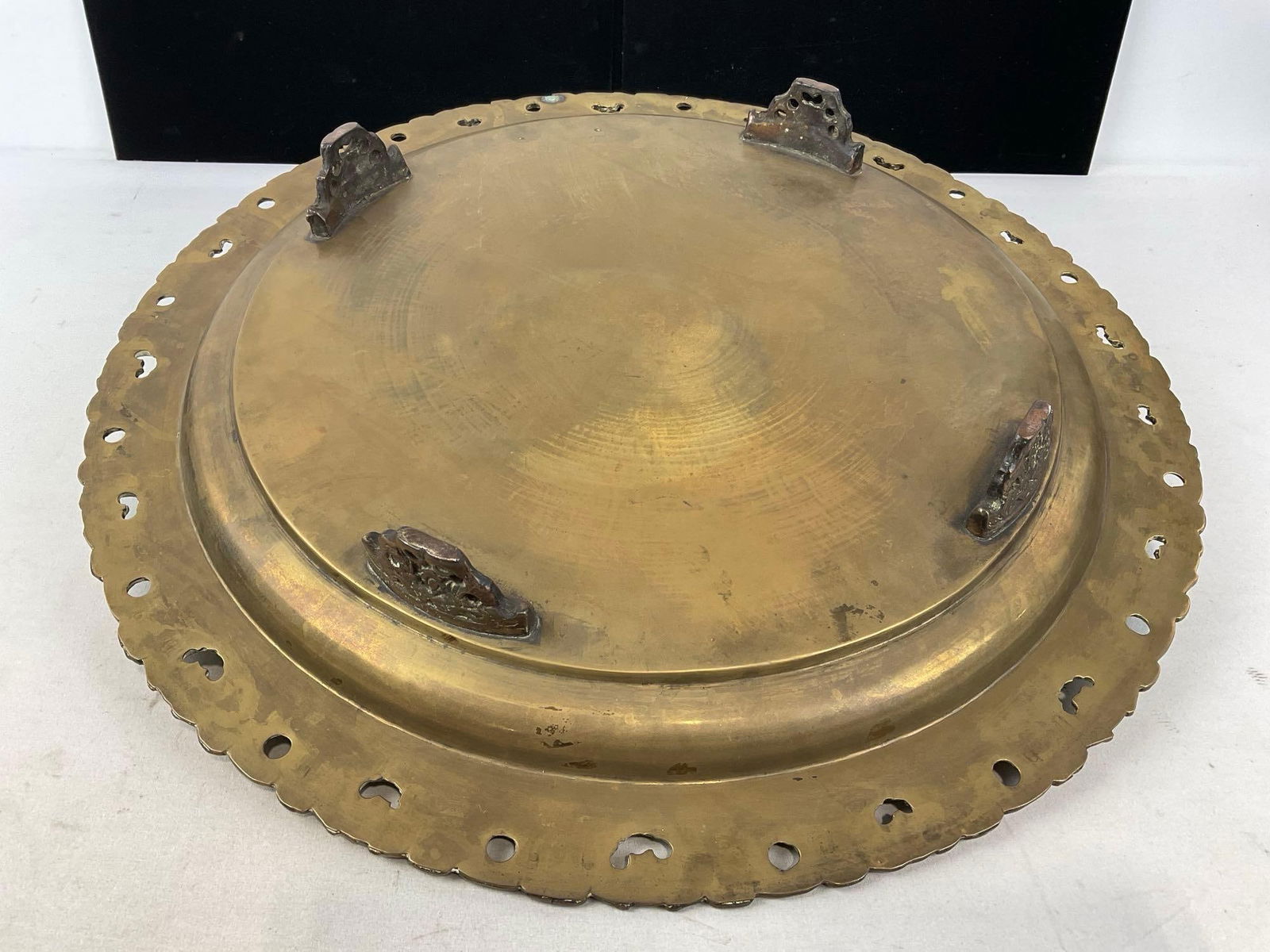 Vintage Cast Engraved Footed Brass Tray, 4h x 20w x 20d inches - 4