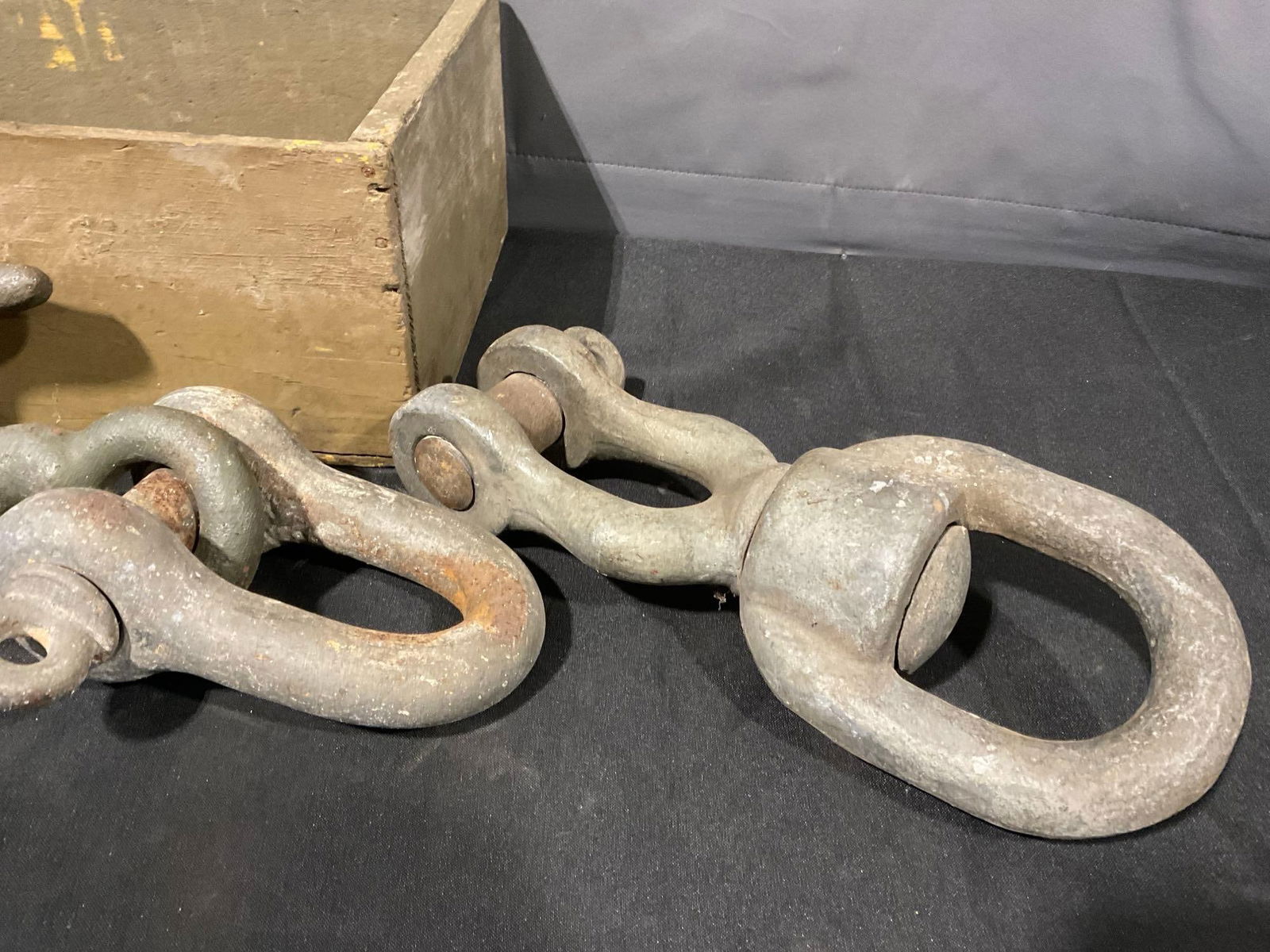 3 Cast Screw Pin Anchor Shackles, Hook, and vintage wooden box - 3