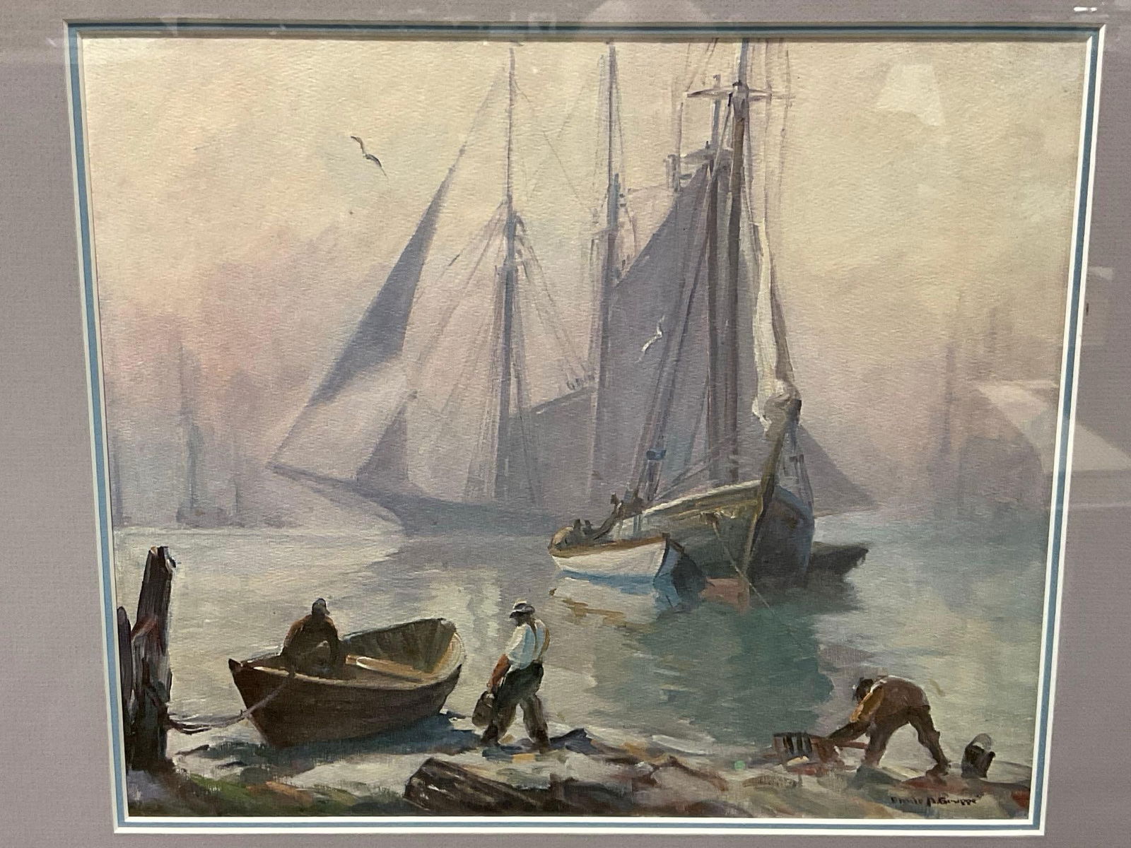 framed print of harbor scene by Emile A. Gruppe, 17 x 19 inches (1 of 5)