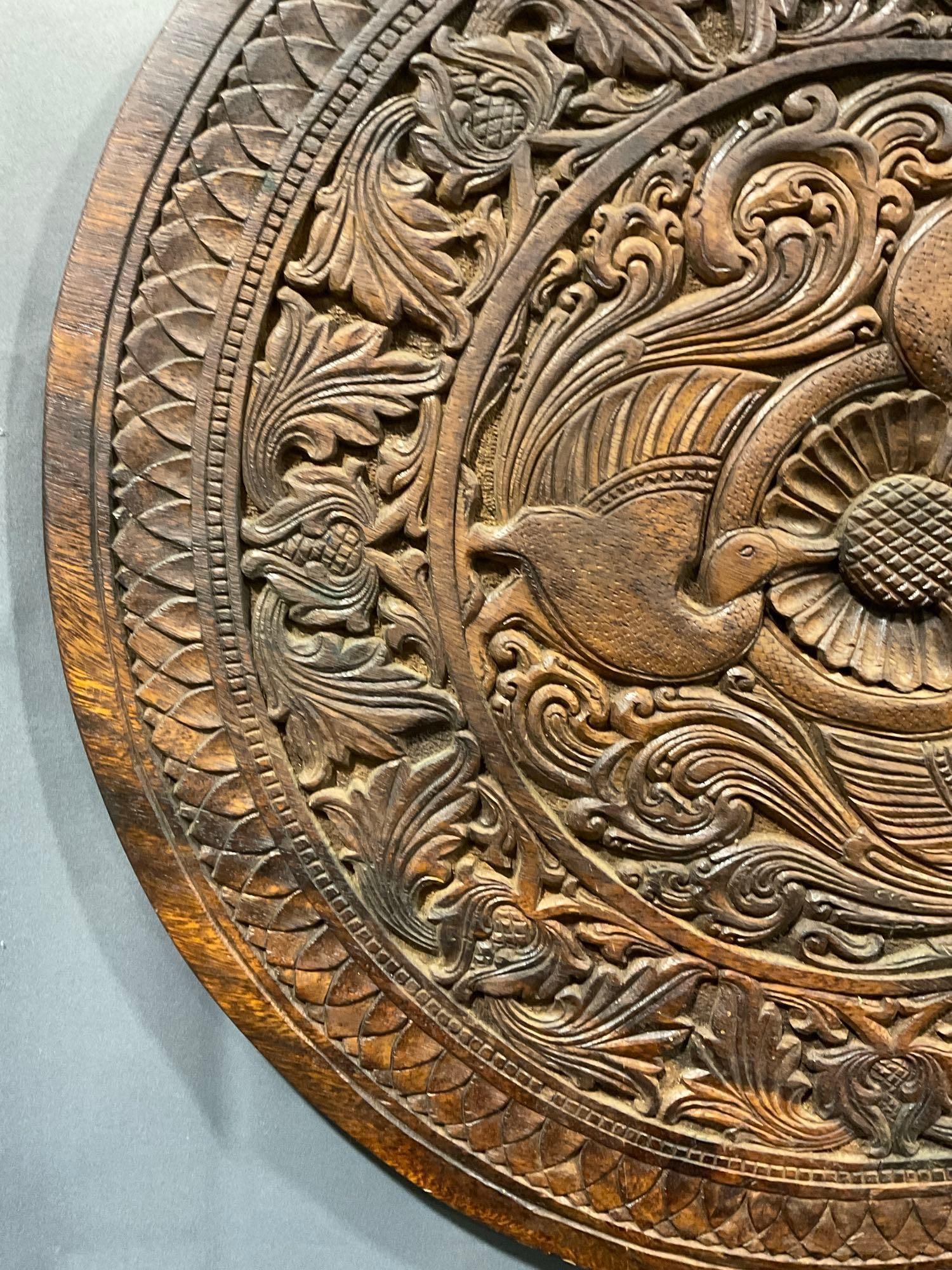 Hand Carved wooden wall hanging, Intricate scrollwork, 24x24 inches, bird motif and more - 4