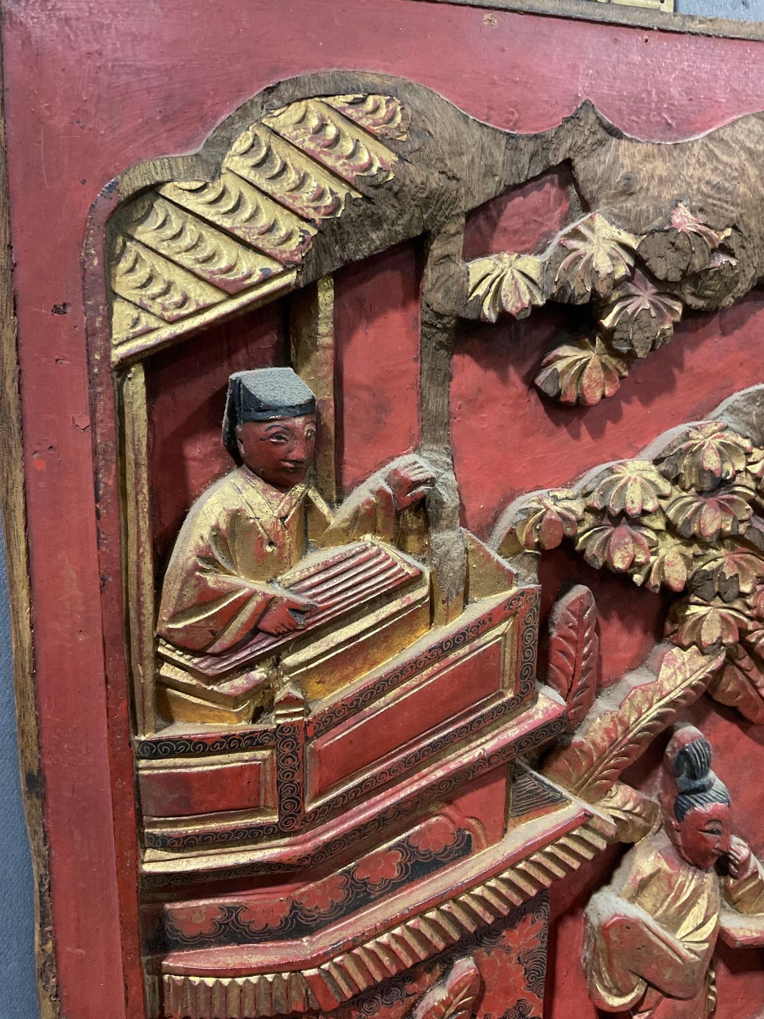 Vintage Chinese Bas Relief Carving Wall Hanging, red w/ gilt overlay, intricate details, 12 x 9 - 2