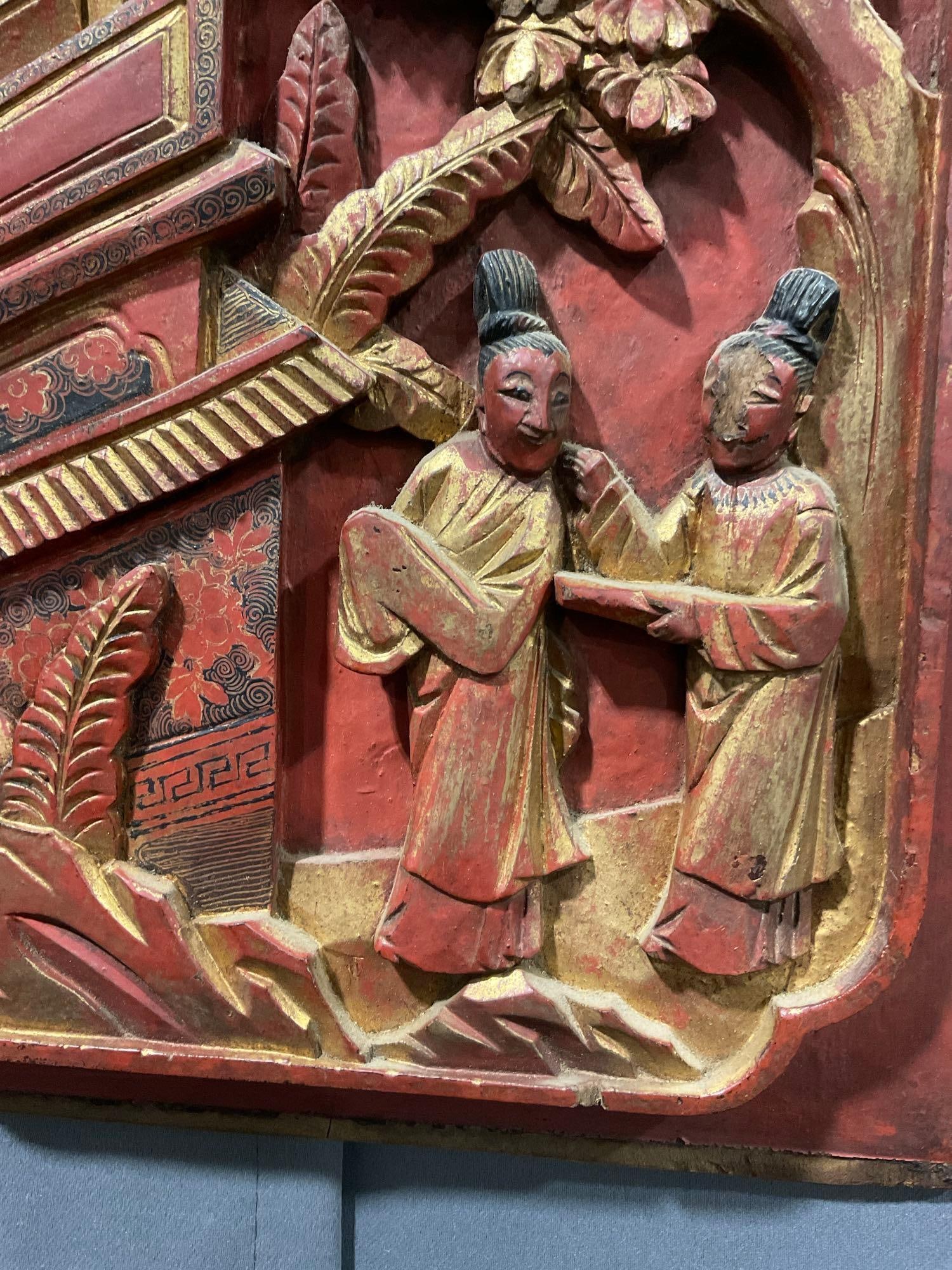 Vintage Chinese Bas Relief Carving Wall Hanging, red w/ gilt overlay, intricate details, 12 x 9 - 3