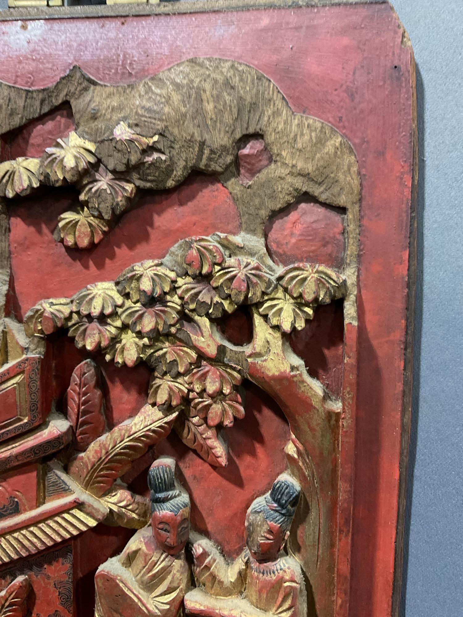 Vintage Chinese Bas Relief Carving Wall Hanging, red w/ gilt overlay, intricate details, 12 x 9 - 4