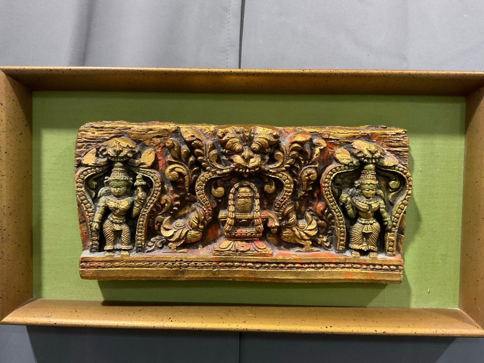 Framed Handcarved Hindu Devotional Panel, likely the goddess Lakshmi, 12h x 22w inches (1 of 3)
