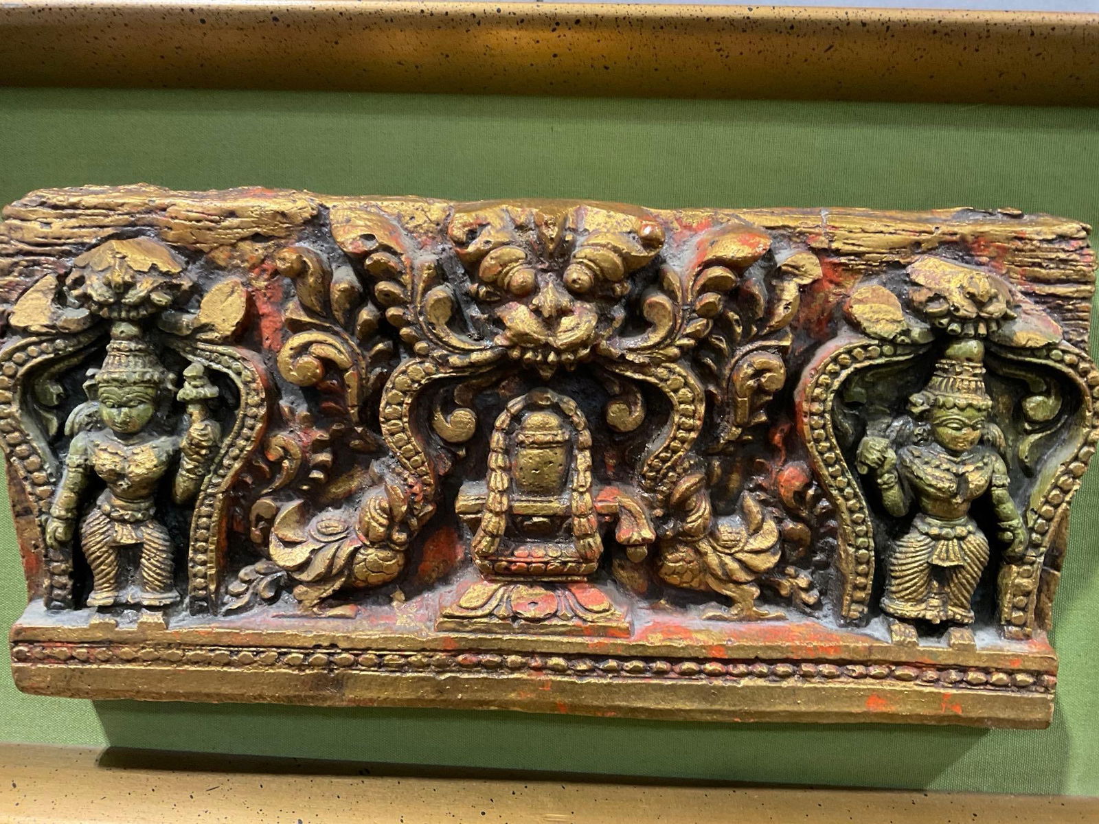 Framed Handcarved Hindu Devotional Panel, likely the goddess Lakshmi, 12h x 22w inches - 2