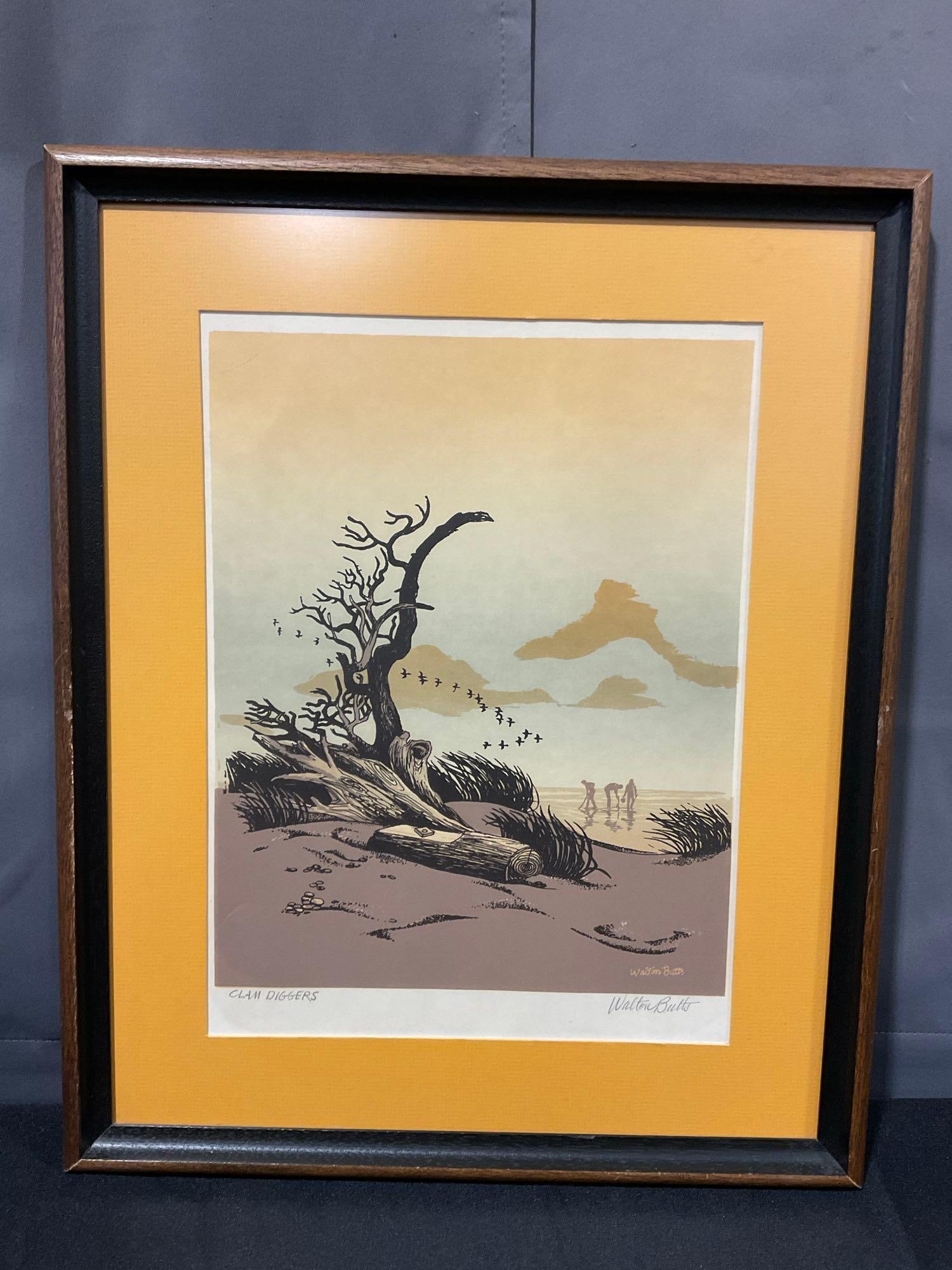 Framed Serigraph Print, titled Clam Diggers by Walton Butts, 22h x 18w inches (1 of 4)