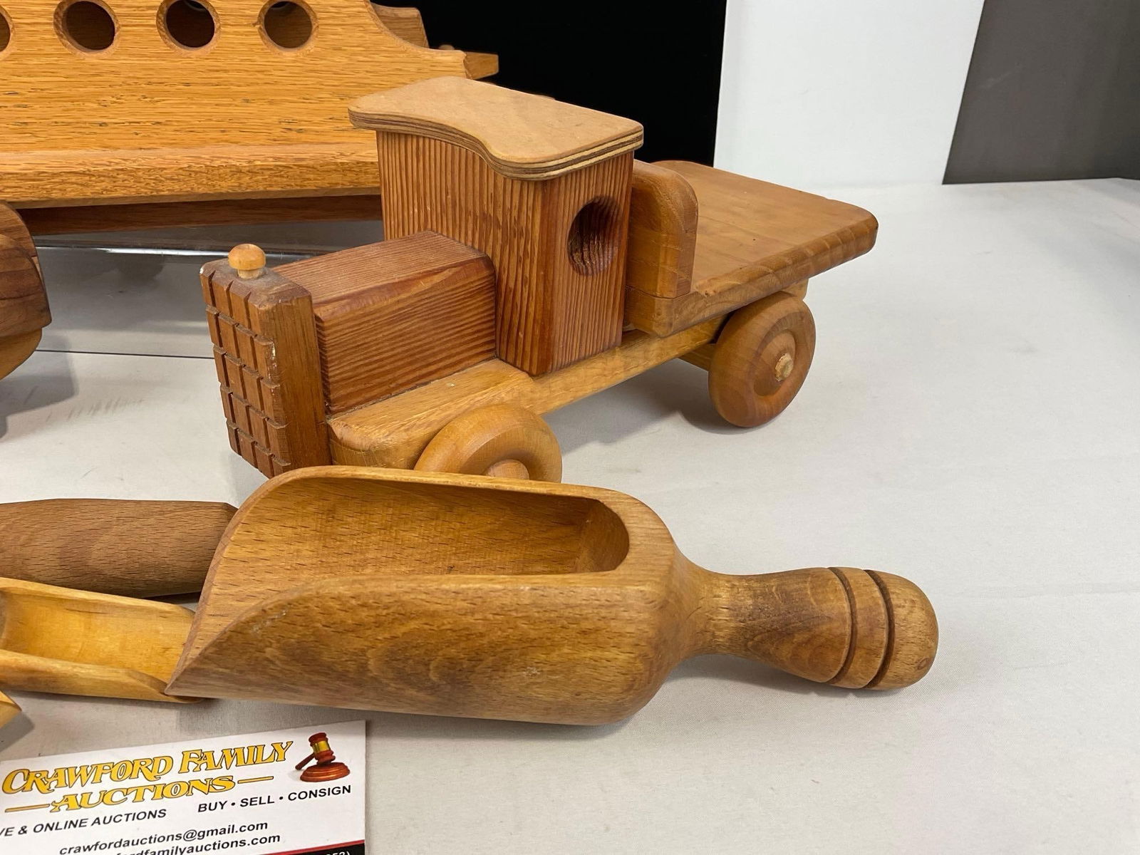 Wooden Toy Ferry, Pair of Trucks, Knife & 5 Scoops, All solid wood, 13h x 16w x 10d inches - 3