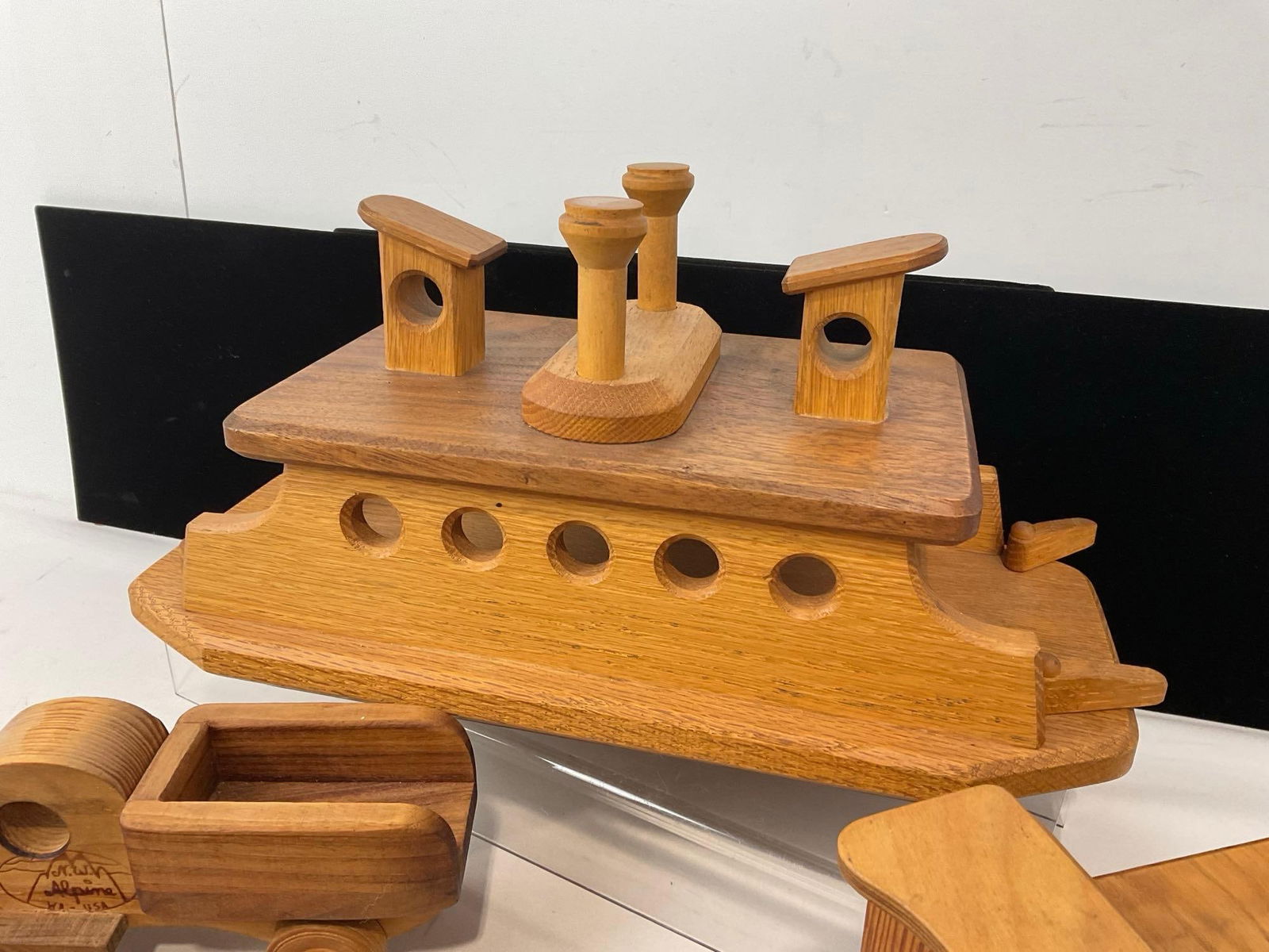 Wooden Toy Ferry, Pair of Trucks, Knife & 5 Scoops, All solid wood, 13h x 16w x 10d inches - 4