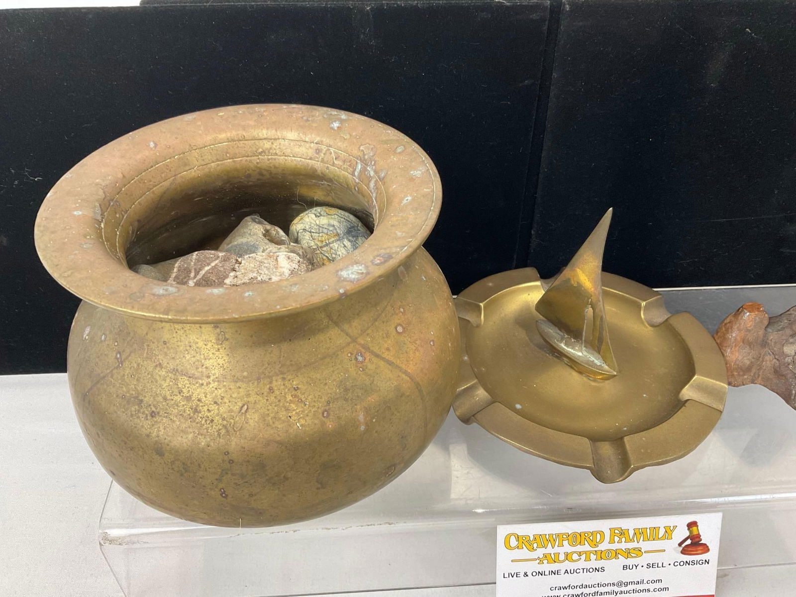 Brass Ship Figure on wood base, Ashtray w/ Ship figure, & Solid Brass Vase w/Rocks inside - 2