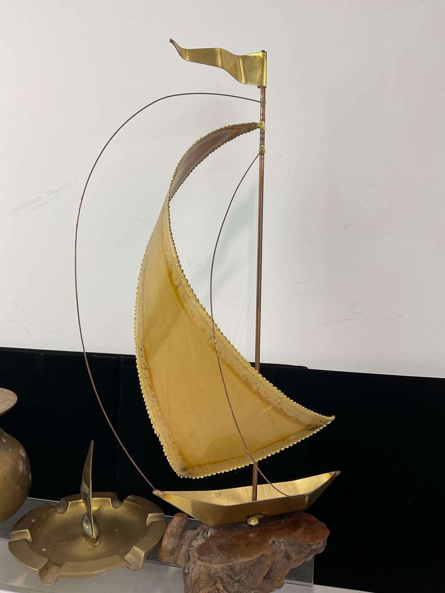 Brass Ship Figure on wood base, Ashtray w/ Ship figure, & Solid Brass Vase w/Rocks inside - 3
