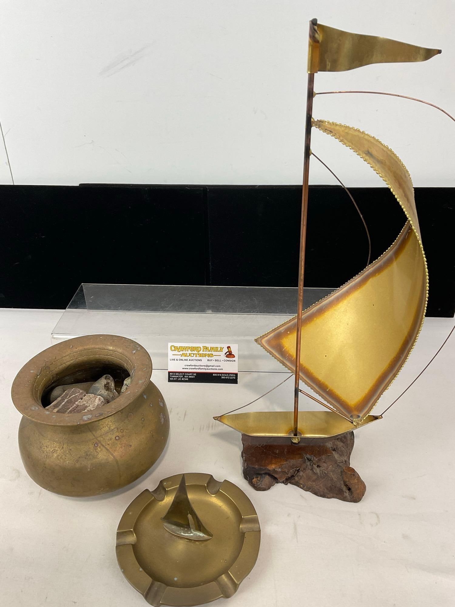 Brass Ship Figure on wood base, Ashtray w/ Ship figure, & Solid Brass Vase w/Rocks inside - 4
